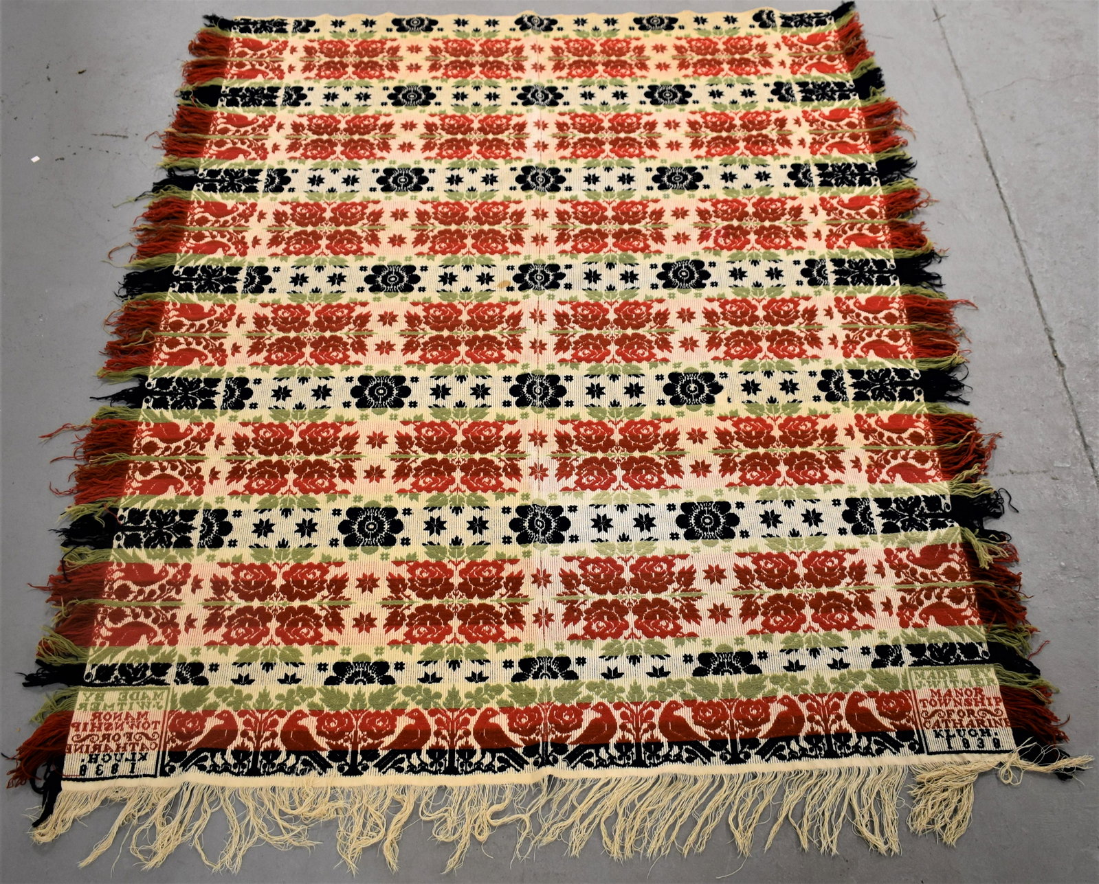 19th Century P.A. Multi-Colored Jacquard Coverlet: MULTI COLORED P.A. JAQUARD COVERLET - SIGNED MADE BY J. WITMER MANOR TOWNSHIP FOR KATHERINE KLUGH 1838 - 102" X 82" WIDE WITH FRINGE - SMALL STAINS - WEAR AND IMPERFECTIONS