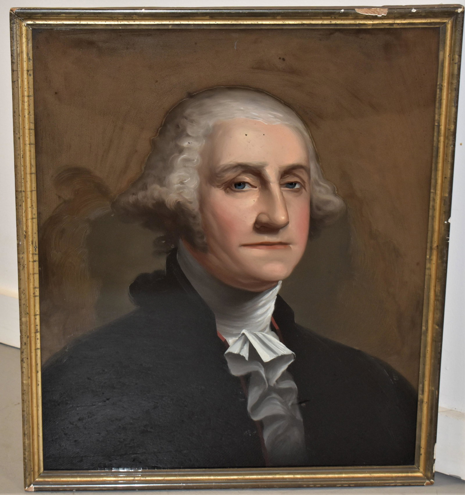 WM. Prior Reverse Painting of George Washington: 19TH CENTURY REVERSE PAINTING ON GLASS OF GEORGE WASHINGTON - ATTRIBUTED TO WM. M. PRIOR - AMERICAN - IN A GILT LEMON GOLD FRAME 23 1/2" X 19 1/2" SIGHT - WEAR, SOME LOSSES, FLAKING PAINT AND IMPERFEC