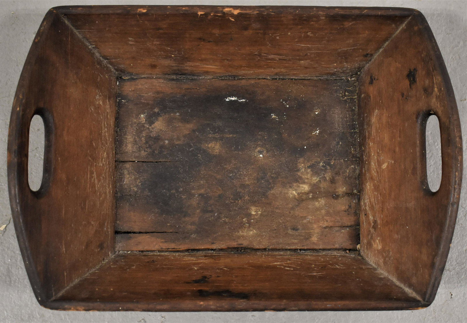 19th Century Pine Bread Tray: 19TH CENTURY DOUBLE HANDLED PINE BREAD TRAY WITH NAIL CONSTRUCTION IN OLD FINISH - 17"L X 12"W X 5"T - BASE SPLITS, WEAR AND IMPERFECTIONS