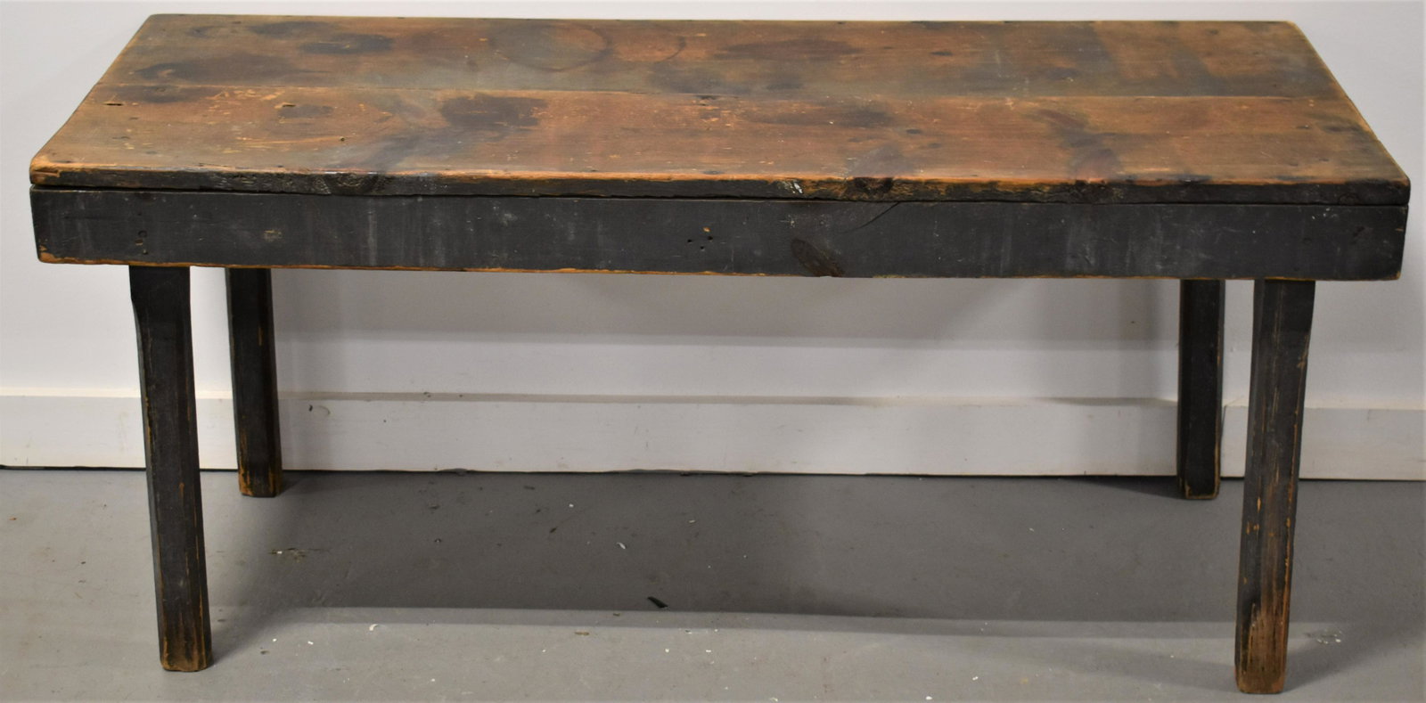 Primative Painted Pine Bench: PRIMATIVE PINE WIDE BENCH WITH TRACES OF GREY PAINT - 47 1/2"L X 19 1/4"W X 21"T - WEAR AND IMPERFECTIONS