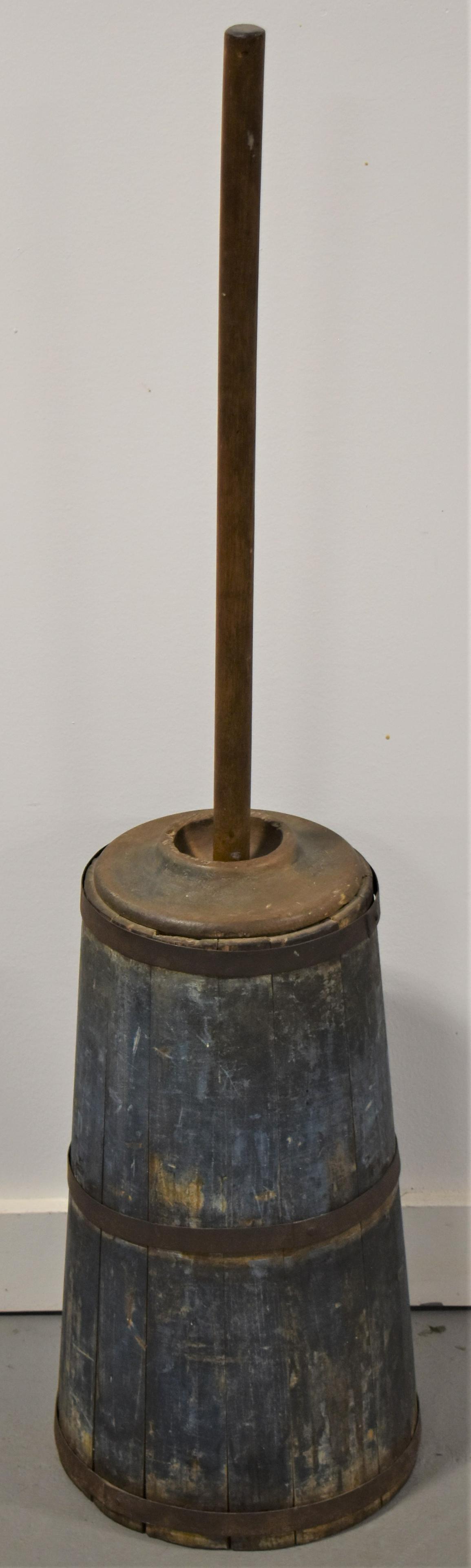 Painted South Hinghman Mass. Wooden Butter Churn: 19TH CENTURY PAINTED WOODEN BUTTER CHURN IN BLUE PAINT WITH DASHER AND LID - STAMPED ON BOTTOM C. WILDER AND SON SOUTH HINGHMAN MASS. - CHURN WITH LID 18 3/4"T X 101/2"D BASE - 40"T WITH DASHER - WEAR