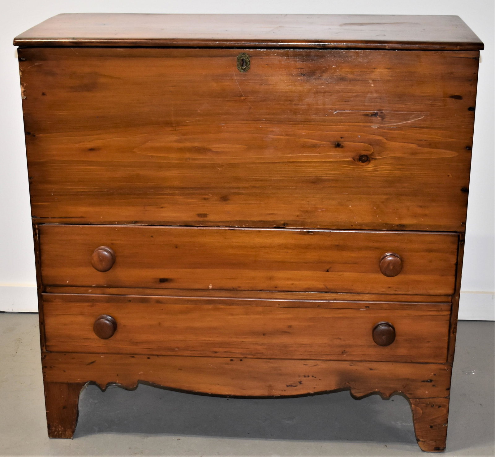 19th Cent N.E. Pine 2 Drawer Chest: 19TH CENTURY NEW ENGLAND PINE 2 DRAWER BLANKET CHEST ON HIGH CUTOUT BASE IN OLDER DARK FINISH - 39"T X 39 1/2"W X 17"D - REPAIRS, REFINISH, WEAR AND IMPERFECTIONS