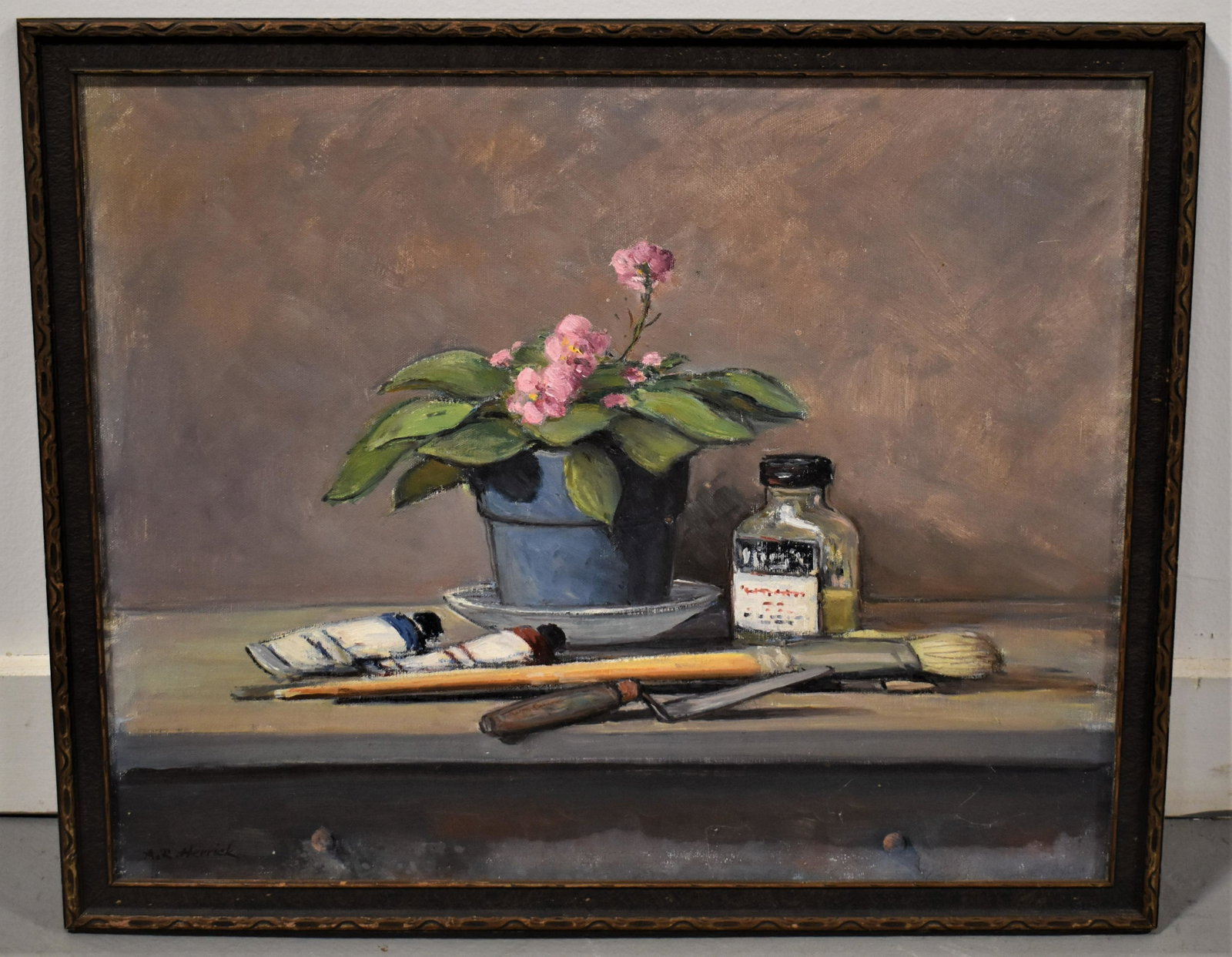 Arthur Herrick Still Life Oil Painting: EARLY 20TH CENTURY STILL LIFE OIL PAINTING OF FLOWERS AND PAINTING SUPPLIES - SIGNED LOWER LEFT A.R. HERRICK - 15 1/2" X 19 1/2" SIGHT - WEAR, DIRTY AND IMPERFECTIONS