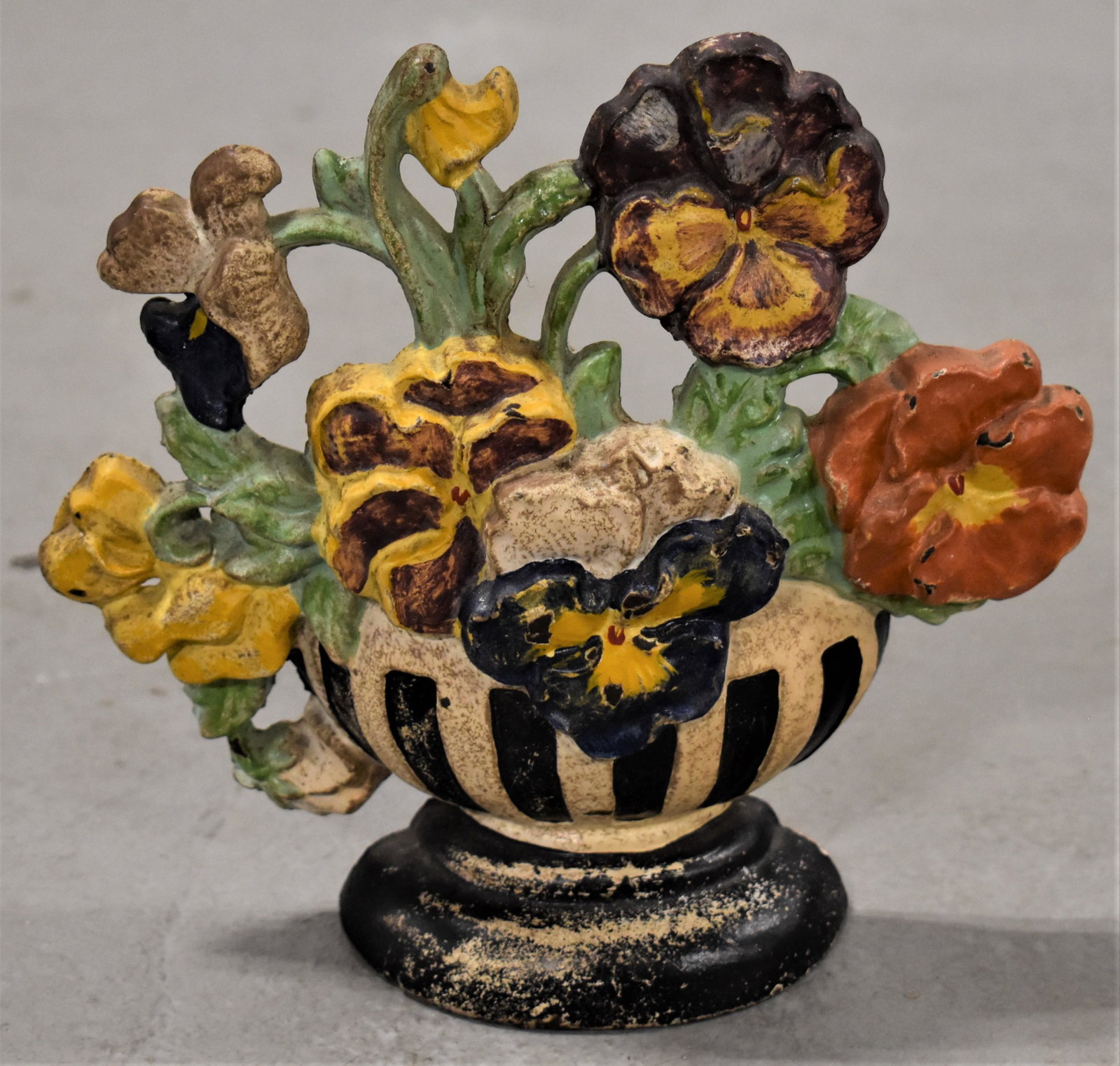 Hubley Urn of Flowers Cast Iron Doorstop: 6 1/2" PAINTED CAST IRON URN OF FLOWERS DOORSTOP - PANSIES AND POPPIES IN BLACK AND WHITE URN - NO. 959 - WEAR, LOSSES TO PAINT AND IMPERFECTIONS