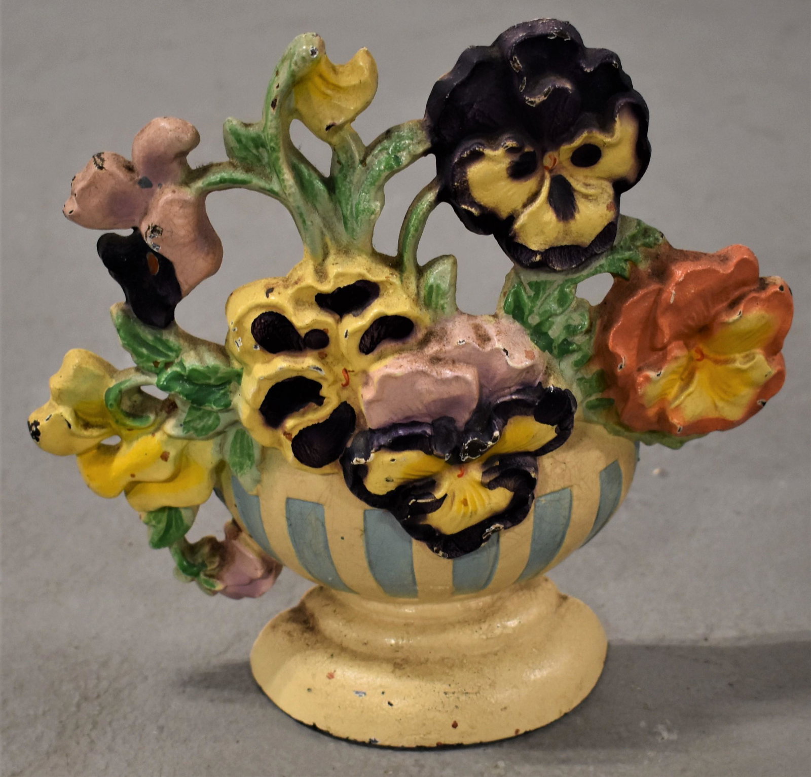 Hubley Urn of Flowers Cast Iron Doorstop: 6 1/2" PAINTED CAST IRON URN OF FLOWERS DOORSTOP - PANSIES AND POPPIES IN BLUE AND WHITE URN - NO. 256 - WEAR, LOSSES TO PAINT AND IMPERFECTIONS