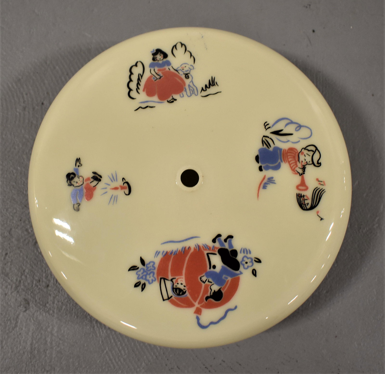 Childs Nursery Rhyme Light Shade: VINTAGE MID 20TH CENTURY CHILDS NURSERY RHYME LIGHT SHADE, WITH LITTLE BO PEEP, JACK JUMPS OVER THE CANDLE STICK, DISH RAN AWAY WITH THE SPOON, COW JUMPED OVER THE MOON, ETC. - 10" DIAMETER x 4" HEIGH