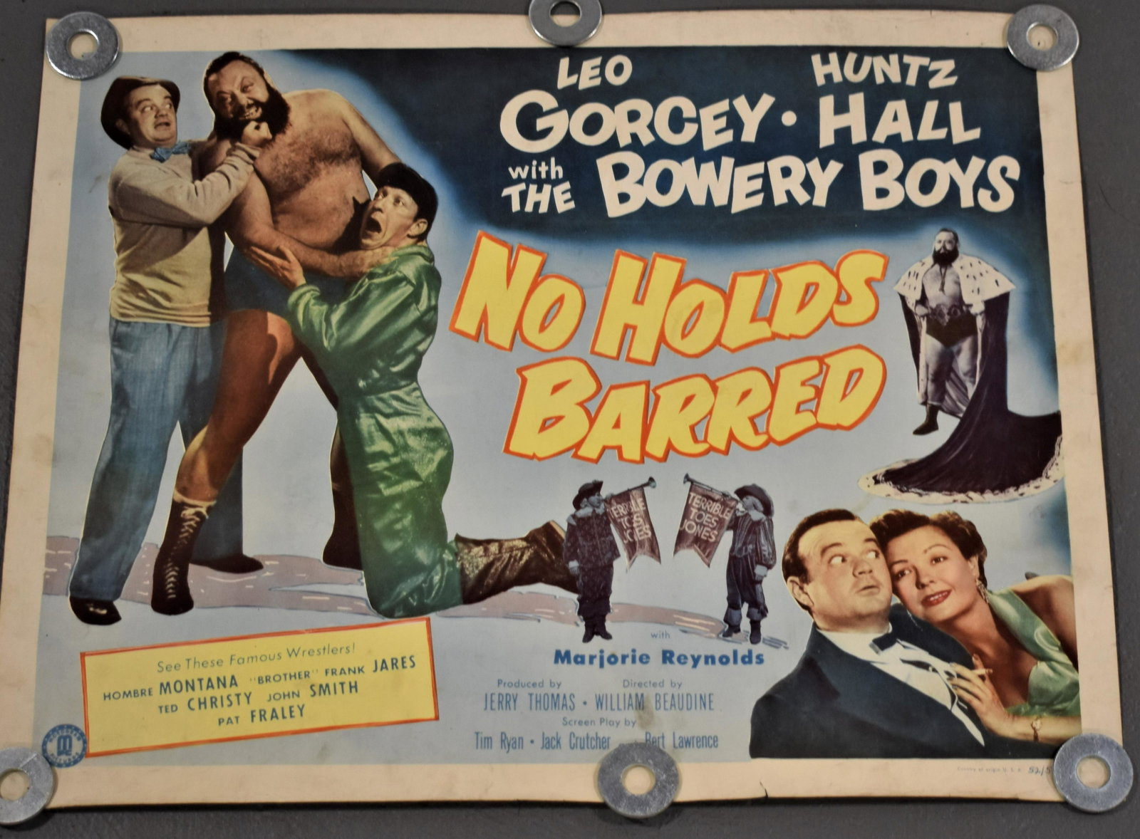 Vintage No Holds Barred Movie Poster: VINTAGE MID 20TH CENTURY MOVIE POSTER - LEO GORCEY AND HUNTS HALL WITH THE BOWERY BOYS "NO HOLDS BARRED" - 22" X 28" - PAINTED ON BACK OF POSTER SABU AS ELEPHANT BOY - CREASES, TONING, SMALL TEARS AND