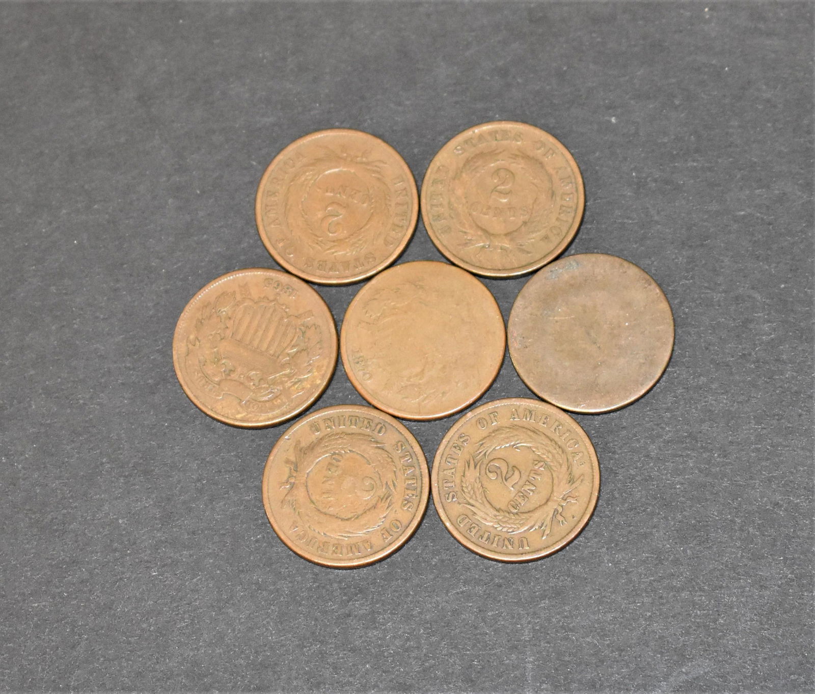 7 Misc US Copper Two Cent Pieces (1 of 2)