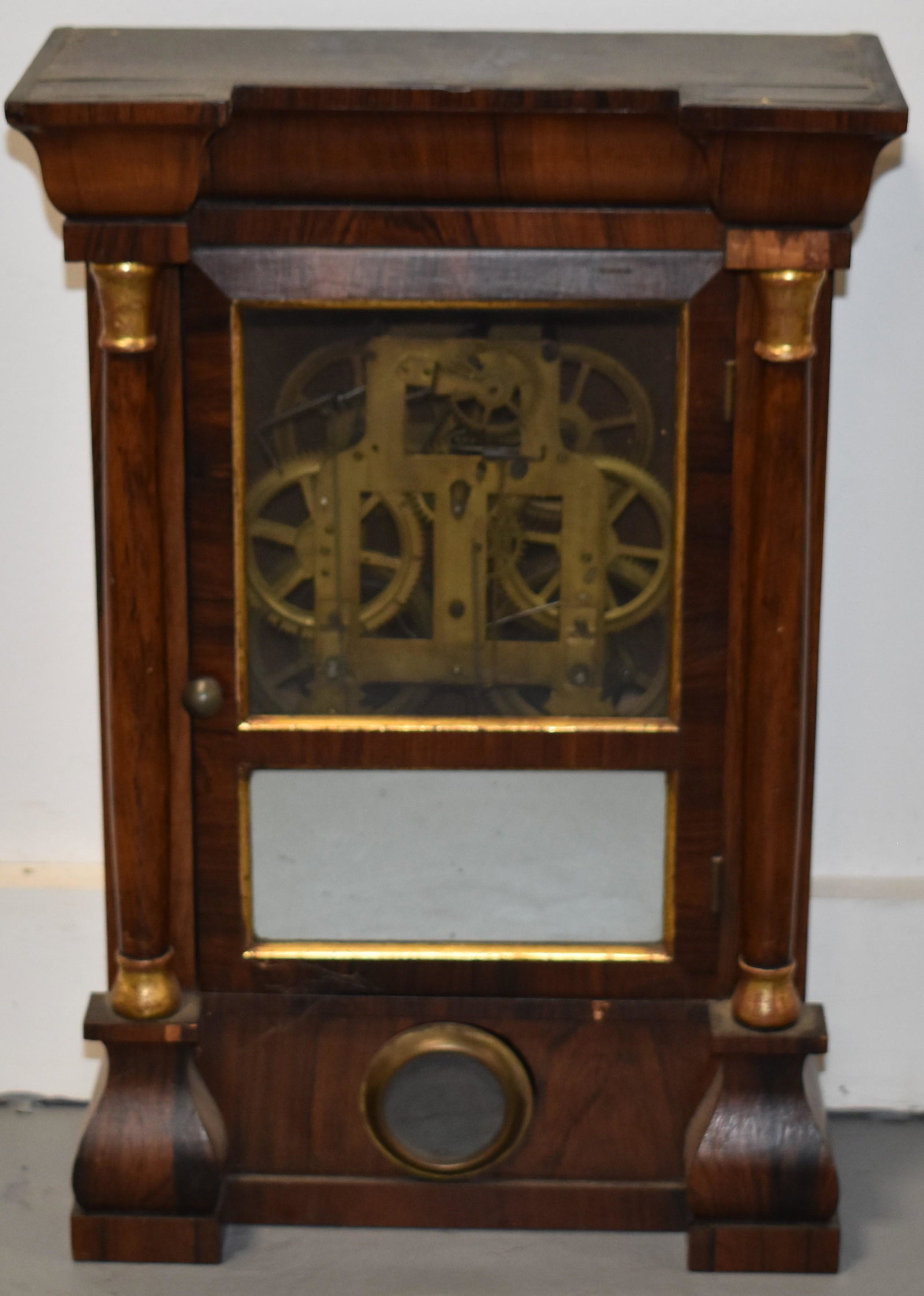 Seth Thomas 1/2 Column Ogee Shelf Clock: 16" SETH THOMAS 8 DAY MAHOGANY VENEER 1/2 COLUMN OGEE SHELF CLOCK - NO FACE - CHIPS AND LOSSES TO VENEER, IMPERFECTIONS