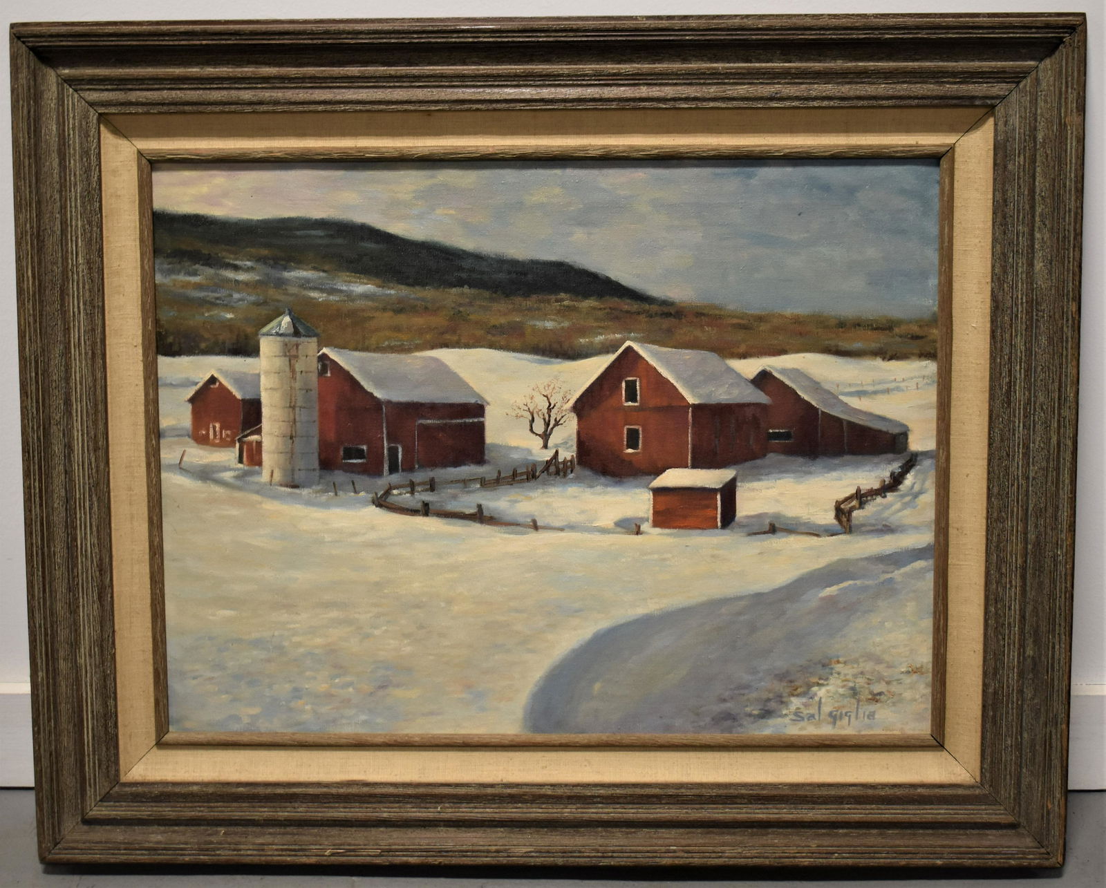 Sal Giglia Oil on Canvas Painting: 20TH CENTURY OIL ON CANVAS PAINTING OF OLD FARM IN WINTER - SIGNED SAL GIGLIA LOWER RIGHT - 17 1/2" X 23 1/2" - IMPERFECTIONS