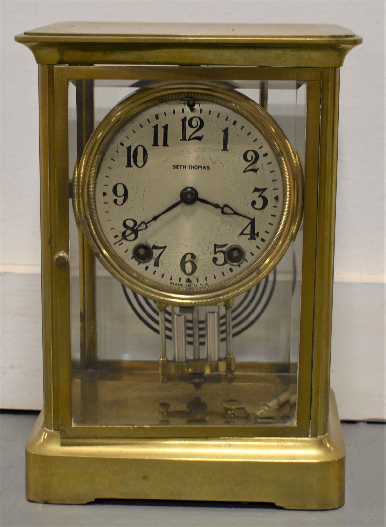 Seth Thomas Crystal Regulator Clock: 19TH CENTURY SETH THOMAS BRASS AND GLASS CRYSTAL REGULATOR MANTEL CLOCK 9 1/2"T x 6 1/2" x 5 - IMPERFECTIONS