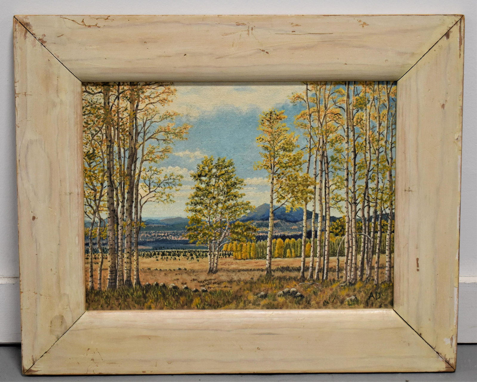 Mountain Landscape Oil on Canvas Painting: 20TH CENTURY OIL ON CANVAS PAINTING OF MOUNTAIN FOREST LANDSCAPE WITH BIRCHES IN A PAINTED WOODEN FRAME 11 1/2" X 15 1/2" (SIGHT) SIGNED A.D LOWER RIGHT AND A. DELEL OR DELEY? IN PENCIL ON BACK - IMPE
