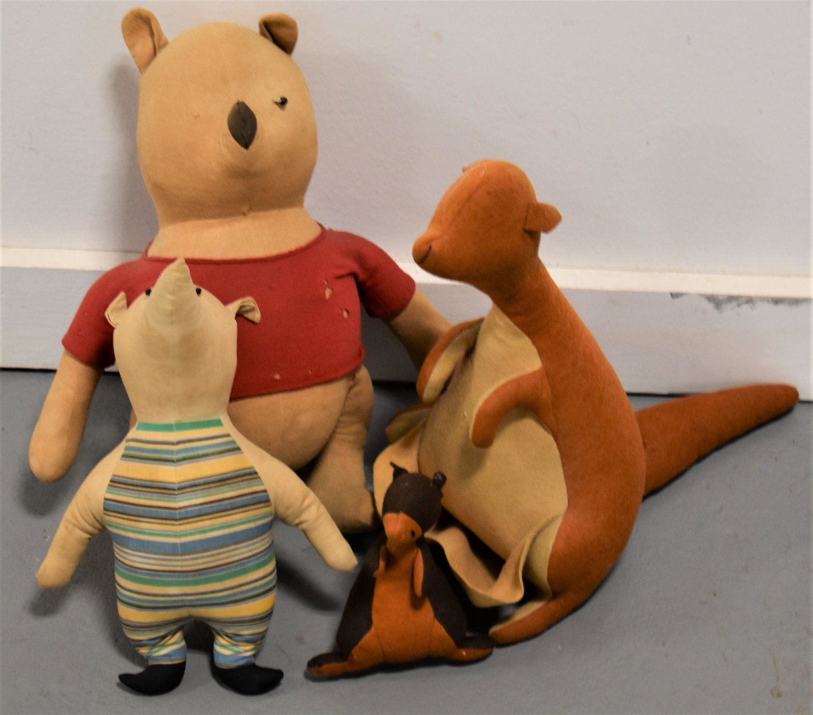 Vintage Lot of Stuffed Animals: (4) VINTAGE STUFFED ANIMALS 13" WINNIE THE POO- 12 1/2 " KANGAROO (KANGA) WITH 5 1/5 "JOEY (ROO) AND 10 1/2 " PIGLET - WEAR AND MINOR LOSSES, EYES, MOTH DAMAGE ETC... AND IMPERFECTIONS