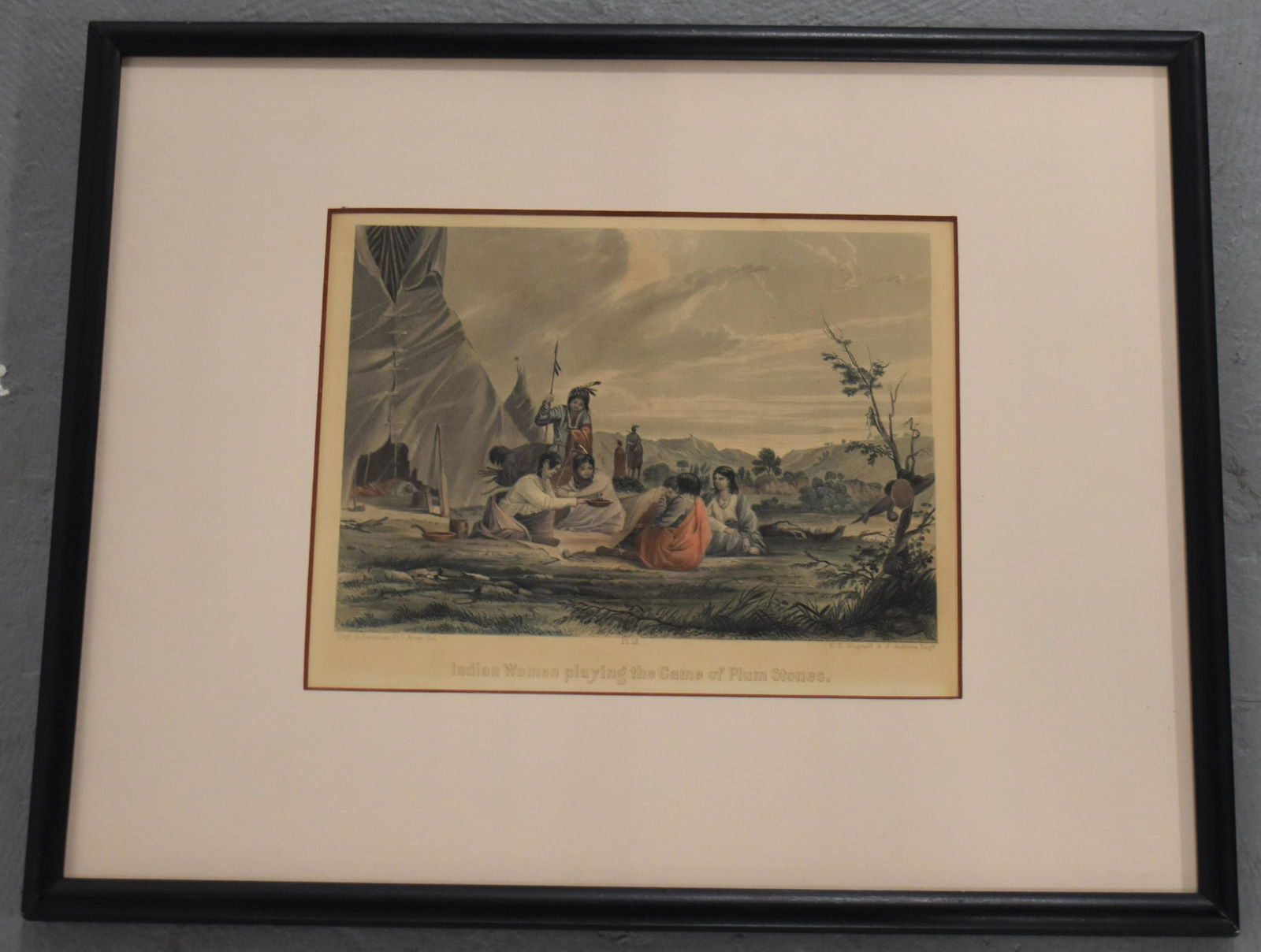 19th Century Colored Litho Of Native Americans: 19TH CENTURY COLORED LITHO OF INDIAN WOMEN PLAYING THE GAME OF PLUM STONES - MARKED CAPT. S. EASTMAN U.S. ARMY DEL.- C. E. WAGSTAFF AND J. ANDREWS ENG - 6 3/4" X 8 1/2" SIGHT FRAMED AND MATTED - TONIN