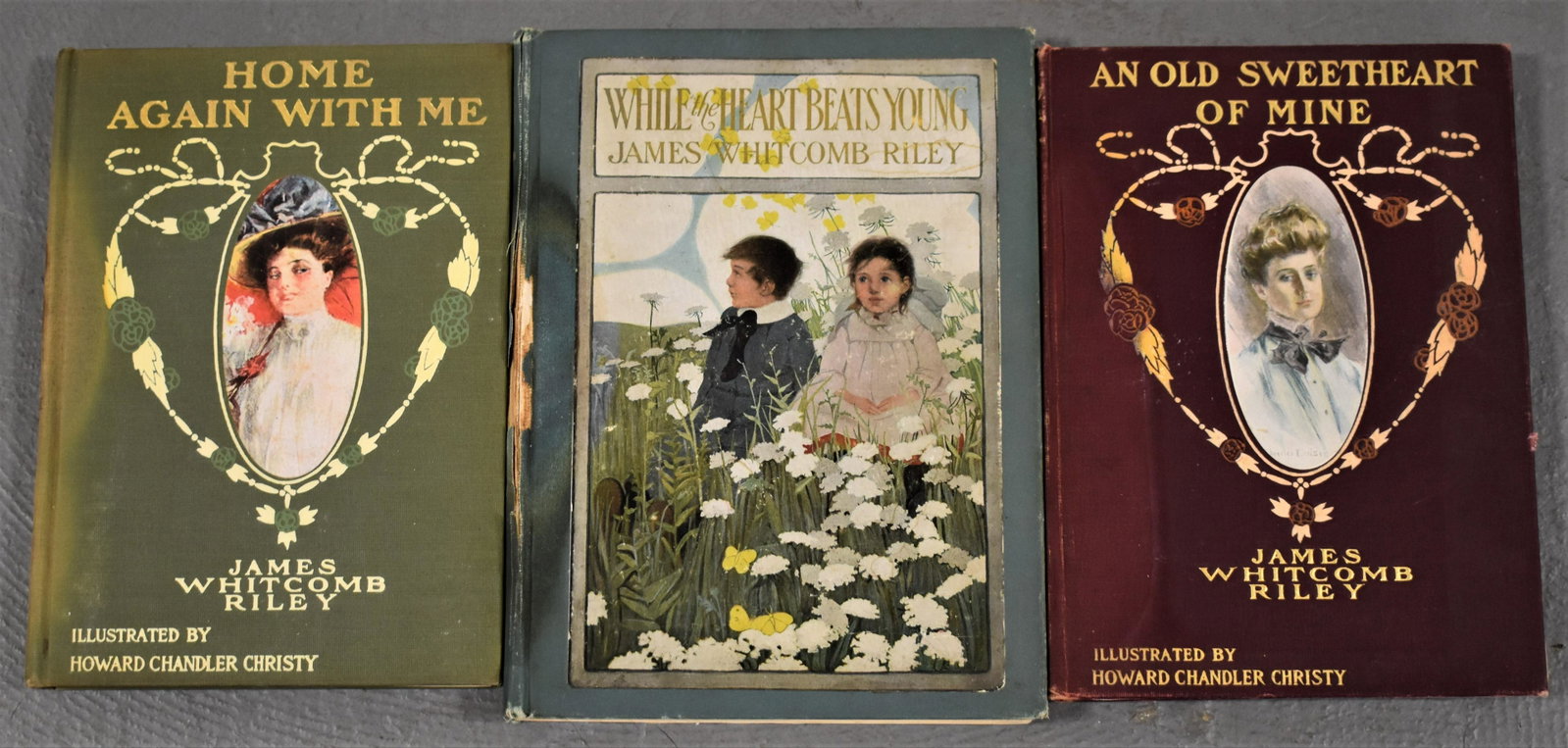 Lot (3) James Whitcomb Riley Children's Books: (3) JAMES WHITCOMB RILEY CHILDREN'S BOOKS - WHILE THE HEART BEATS YOUNG, AN OLD SWEETHEART OF MINE AND HOME AGAIN WITH ME - IMPERFECTIONS