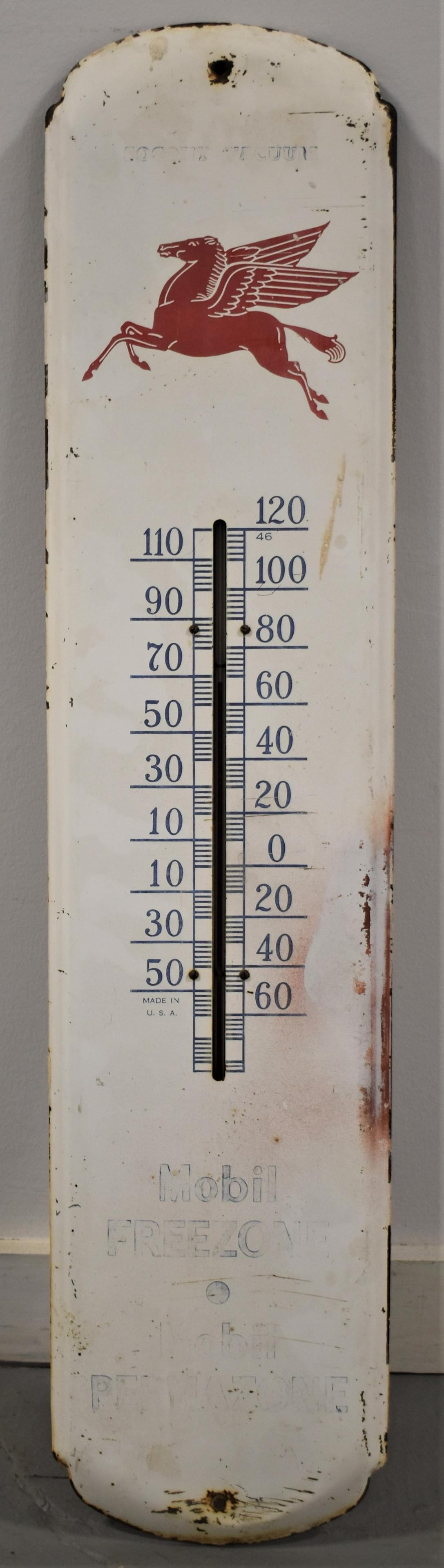 Vintage Mobil Advertising Thermometer: 36" VINTAGE SHEET METAL ADVERTISING WALL THERMOMETER- SOCONY VACUUM MOBIL FREDZONE - MOBIL PERMAZONE - WEAR AND, FADING LOSSES AND IMPERFECTIONS