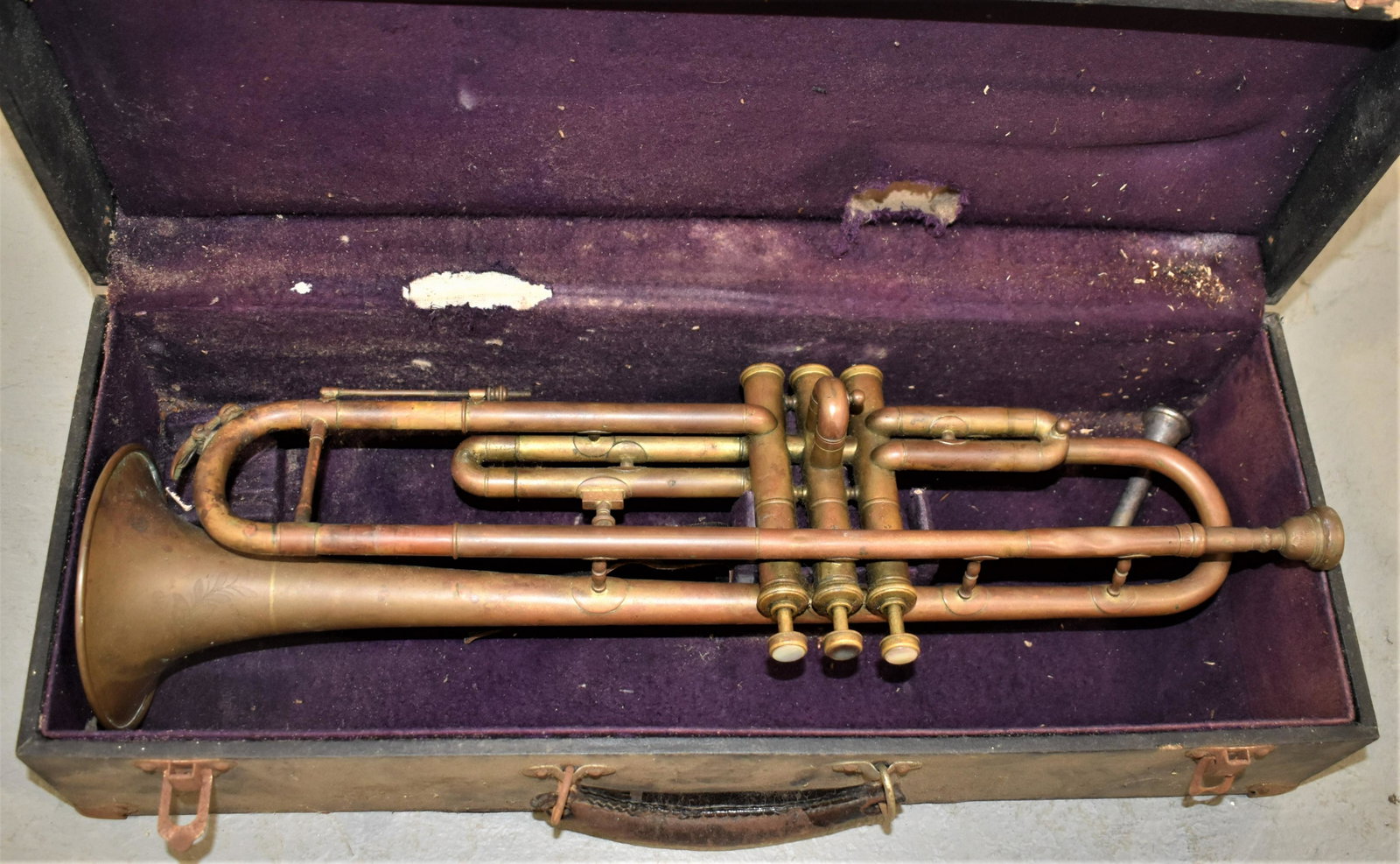 Victorian Brass Trumpet: 20" VINTAGE BRASS TRUMPET MARKED ABBOTT MFG. CO. W/ FITTED CASE- OXIDATION, WEAR, DENT, IMPERFECTIONS
