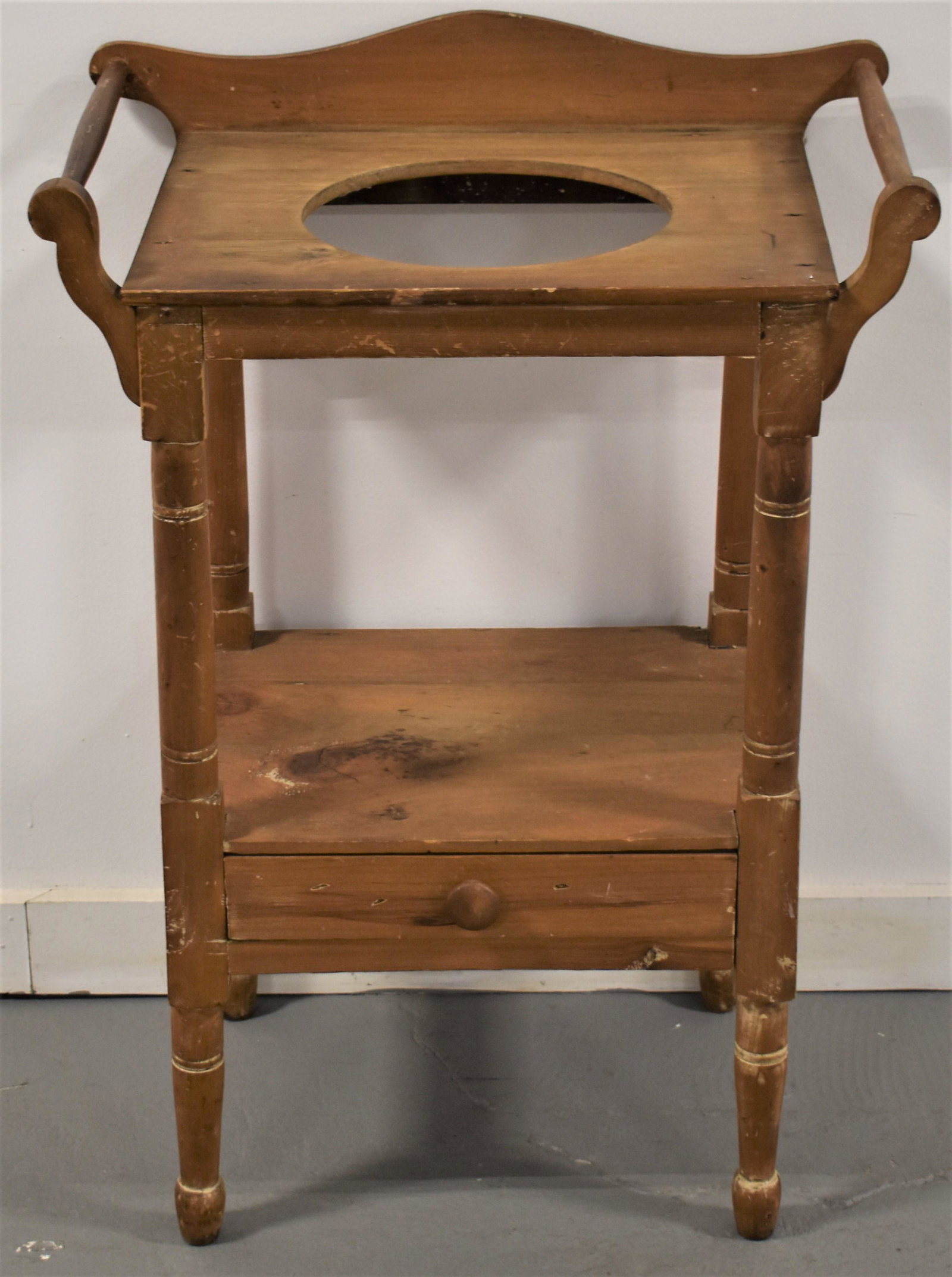 Sheraton Pine Washstand: 19TH CENTURY SHERATON PINE WASHSTAND IN NATURAL FINISH - 32"T X 22 1/2"W X 13 1/2"D - WEAR, SMALL REPAIRS AND IMPERFECTIONS