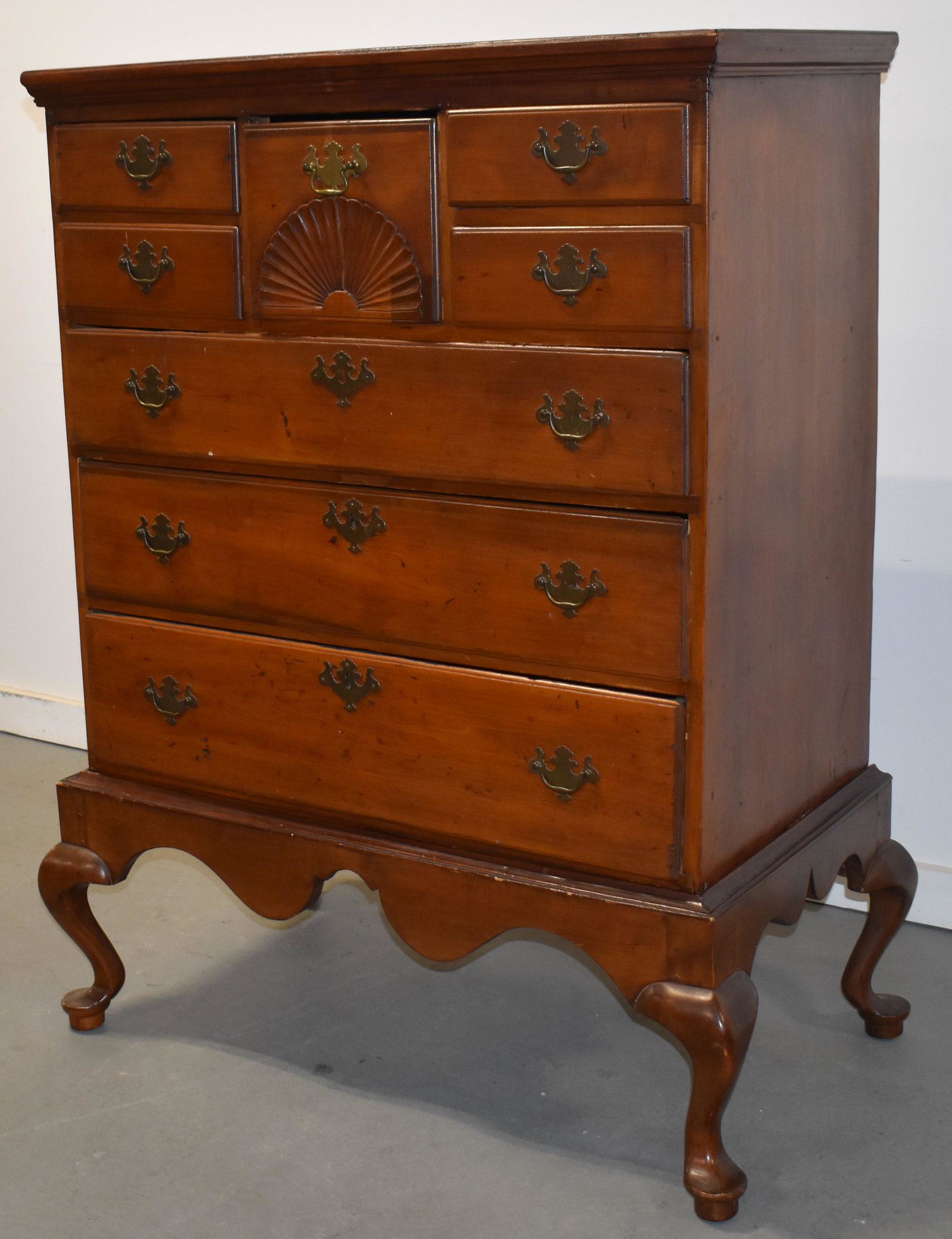 Queen Anne Maple Chest of Frame: QUEEN ANNE MAPLE CHEST ON FRAME - TOP CENTRAL DRAWER WITH SHELL FAN CARVING 50 1/2"T X 36 1/2"W X 20 1/2" D - REPLACEMENTS AND HARDWARE, NEWER REPLACED BASE, WEAR AND IMPERFECTIONS
