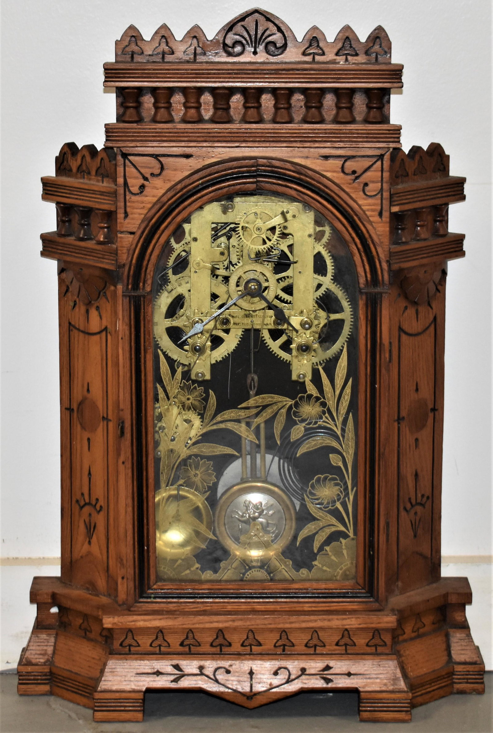 Gilbert Fancy Shelf Clock: 19TH CENTURY VICTORIAN CARVED SHELF CLOCK W/ GILBERT LABEL - ATLAS BY WM. L GILBERT W/ TIME AND STRIKE 20"T - DAMAGE TO CANE, FACE DETACHED, WEAR AND IMPERFECTIONS