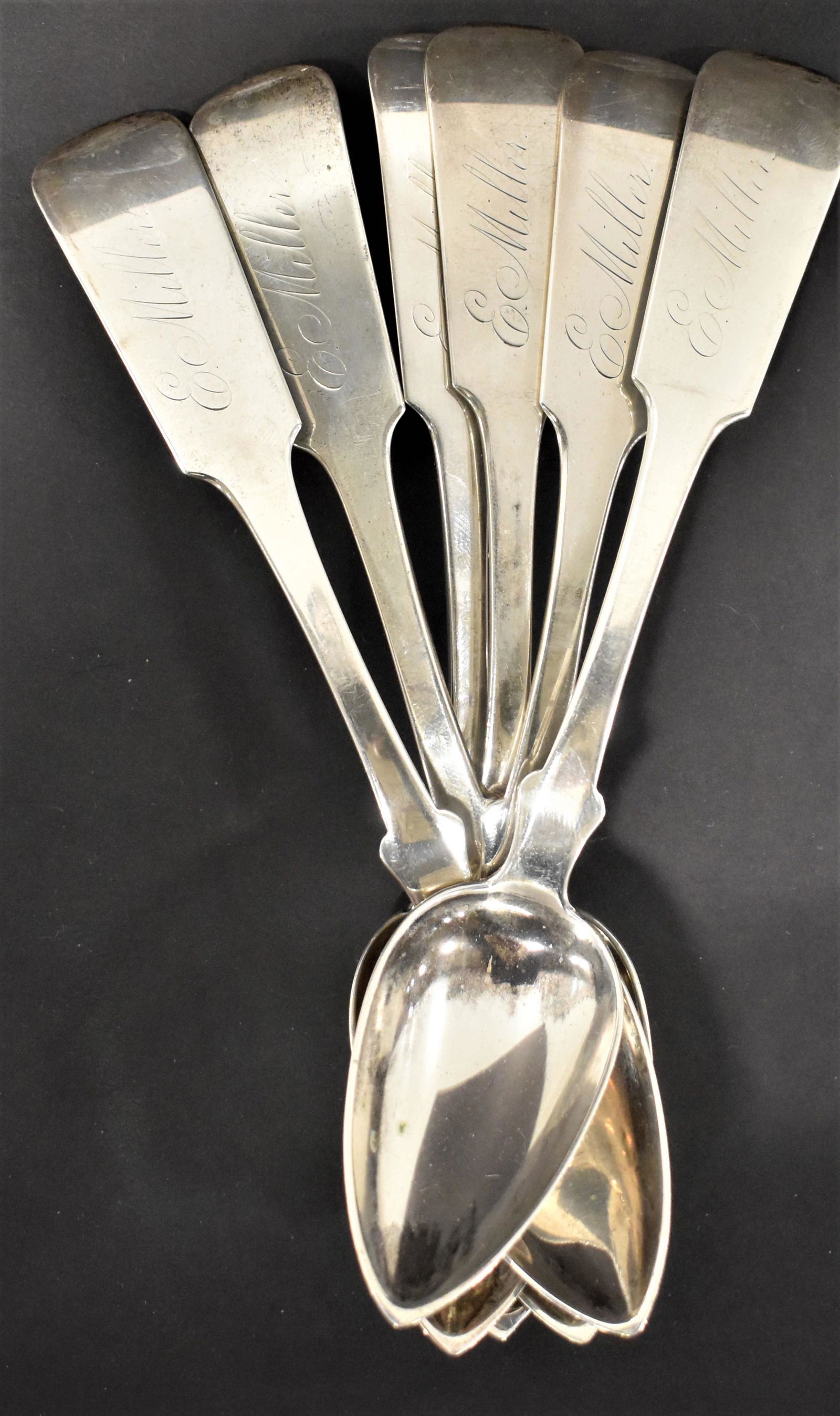 Set (6) Coin Silver Tea Spoons: SET (6) 6 1/2" COIN SILVER TEASPOONS - MARKED STEPHENSON W/ TOUCH MARKS- MONOGRAM E. MILLER - 3.69 TROY OZ - WEAR AND IMPERFECTIONS