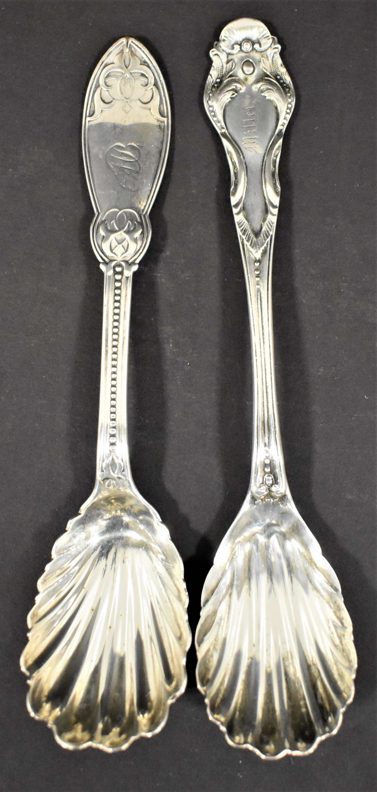 (2) Coin Silver Sugar Spoons: (2) EARLY AMERICAN COIN SILVER SUGAR SHELL SPOONS- (1) 7" MARKED PHILIP P SEGEE MONOGRAM (MILLER) (1) 6 3/4" MARKED J.B. MCFADDEN AND SONS PATENT 1855 MONOGRAM A. B. - 2.25 TROY OZ - WEAR AND IMPERFEC