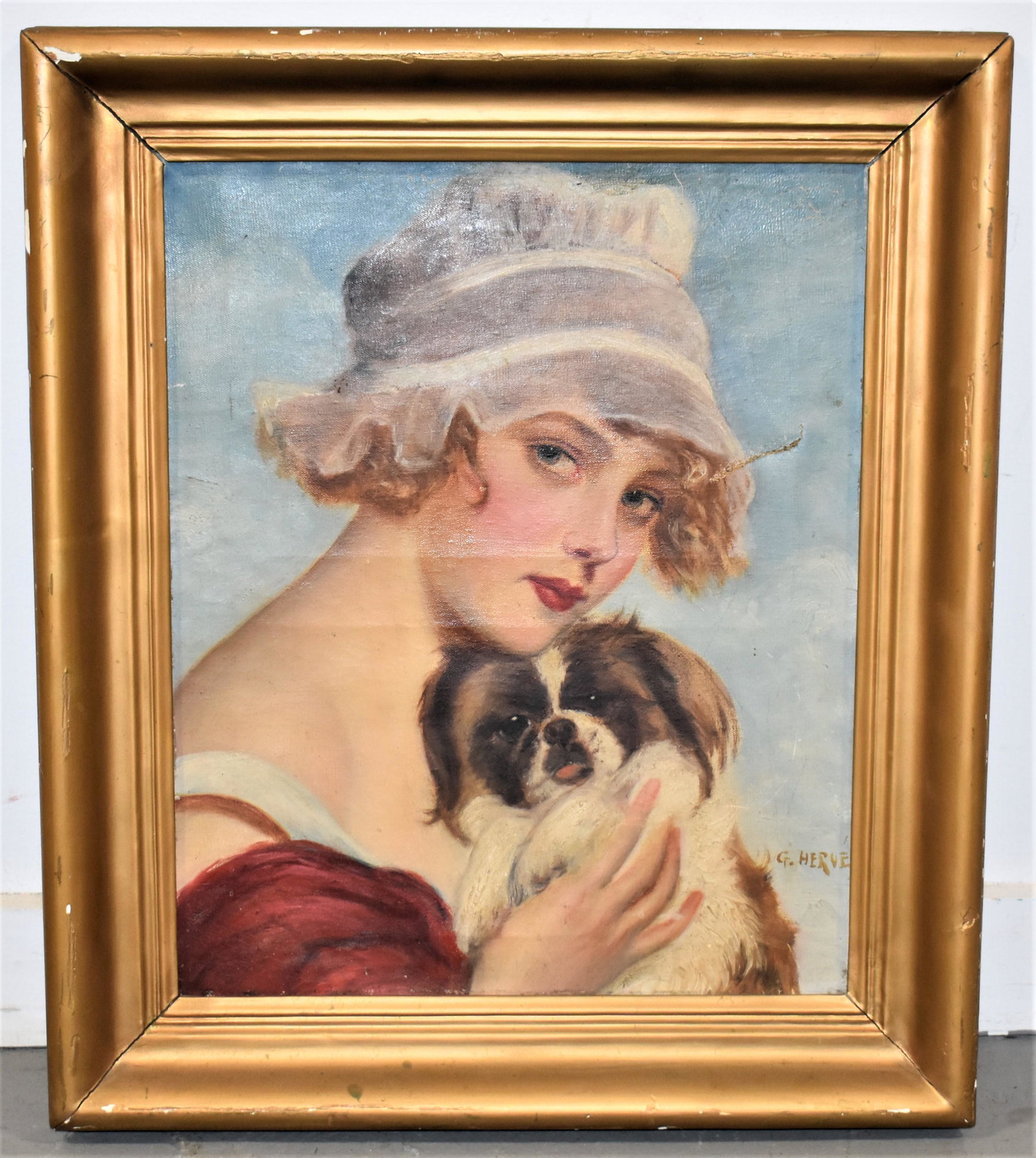 Gabriel Herve Portrait Oil Painting: 19TH CENTURY OIL ON CANVAS PAINTING OF YOUNG GIRL W/ HAT HOLDING A SMALL DOG - SINGED G. HERVE LOWER RIGHT - 17 1/2 X 14 1/2" SIGHT - IN A GOLD PAINTED MOLDED WOODEN FRAME - CRAQUELURE, OLD 2" TEAR RI