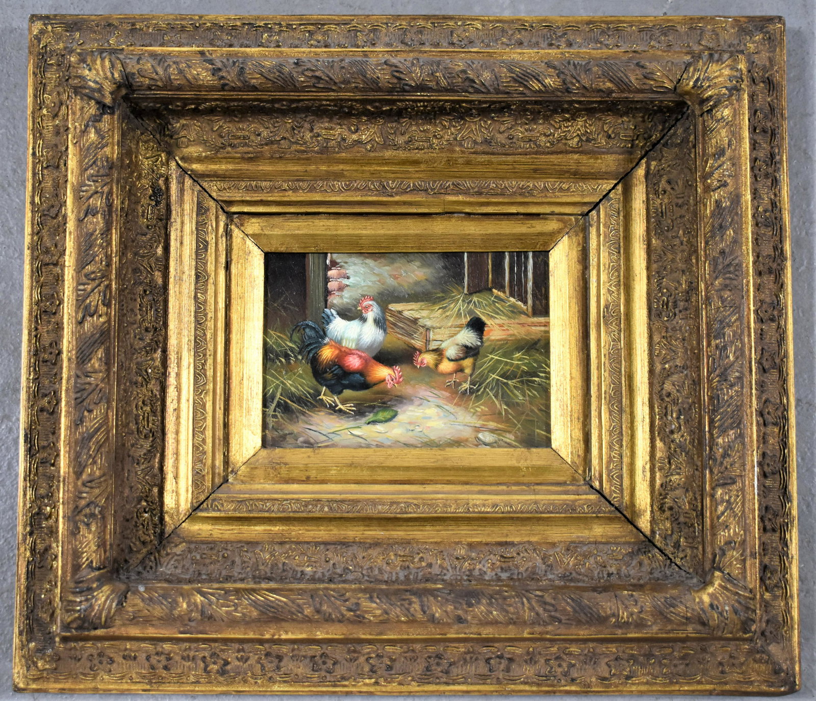Oil Painting on Board of Chickens: OIL PAINTING ON WOODEN BOARD OF BARNYARD SCENE WITH CHICKENS - LABEL ON BACK MILLED BOARDS BY GEO, ROWNEY AND CO. LONDON - 4 1/2" X 6 1/2" IN FANCY DEEP GILT FRAME - IMPERFECTIONS