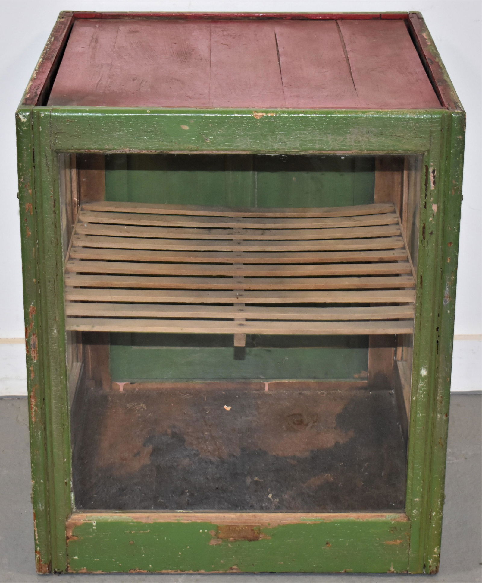 Primitive Painted Tabletop Pie Safe: LATE 19TH CENTURY COUNTRY STORE COUNTER TOP DISPLAY PIE SAFE - 3 GLASS SIDES, SINGLE PANELED BACK DOOR IN OLDER GREY PAINT - 23" X 19 1/2"SQUARE - WEAR AND LOSSES TO PAINT, IMPERFECTIONS