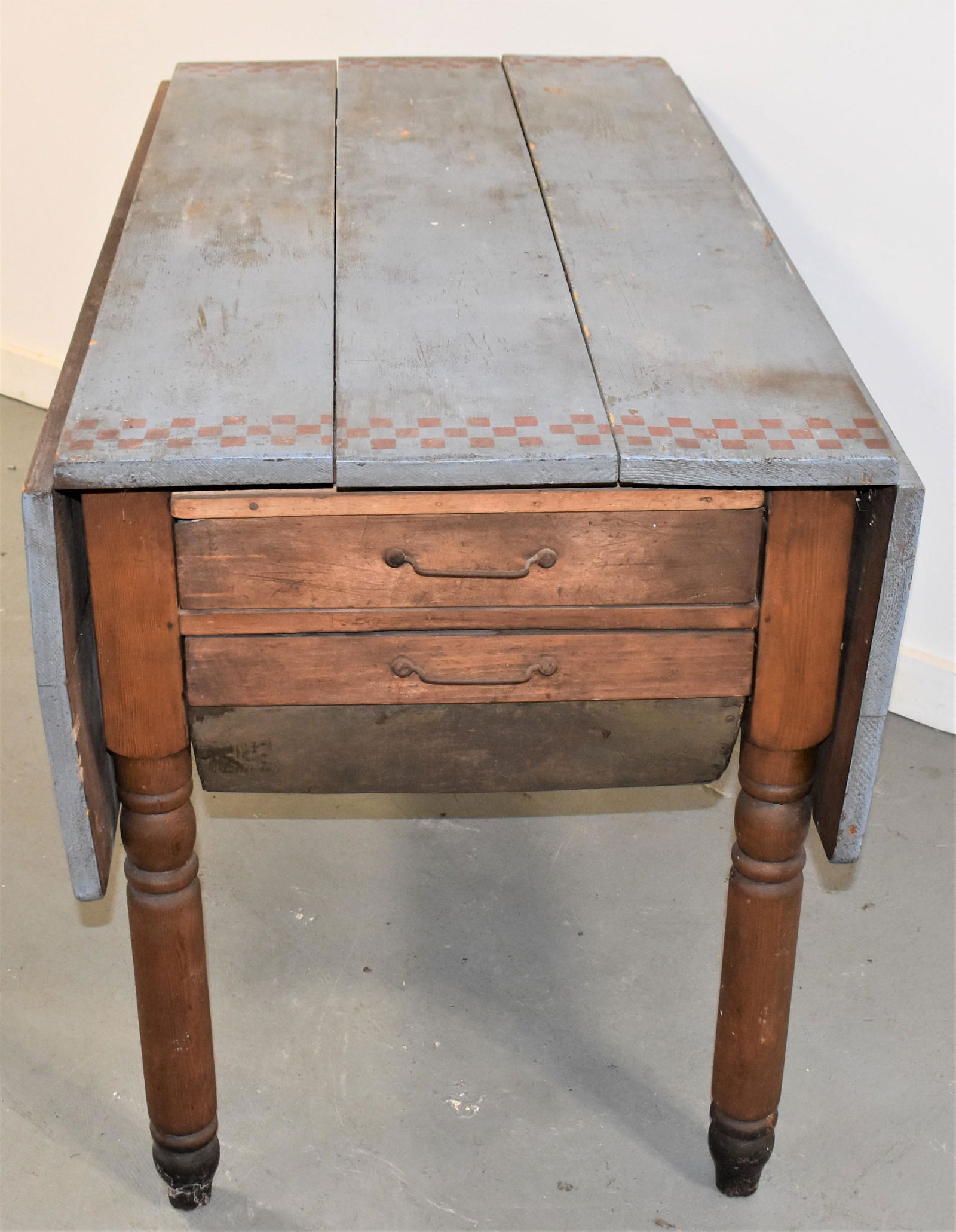 Late 19th Century Bakers Table: LATE 19TH CENTURY VICTORIAN PINE DROP LEAF BAKERS TABLE W/ BIN DRAWER ON EITHER END W/ UPPER LONG DRAWERS IN LATE BLUE AND RED PAINT - 301/2" T X 45" L X 49"W - DRAWER DAMAGE, SPLITS IN LEGS, WEAR AND