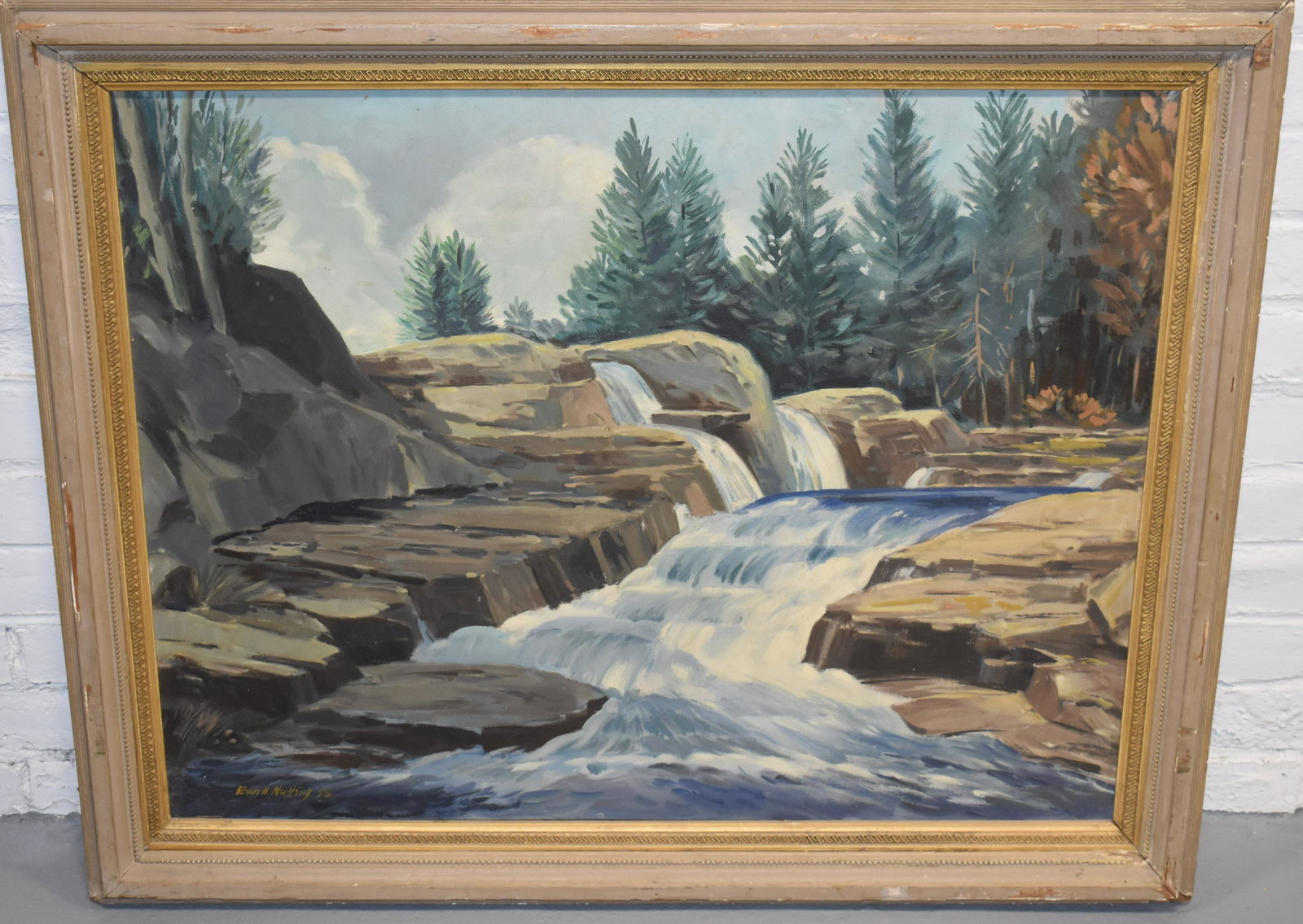 Earl H. Nutting Woodland Oil Painting: FRAMED OIL ON CANVAS WOODLAND SCENE W/ CASCADING WATER FALL SIGNED EARL H. NUTTING 55 LOWER LEFT IN A MOLDED WOODEN FRAME - 23 3/4" X 291/2" SIGHT- WEAR TO FRAME, SOILING, IMPERFECTION