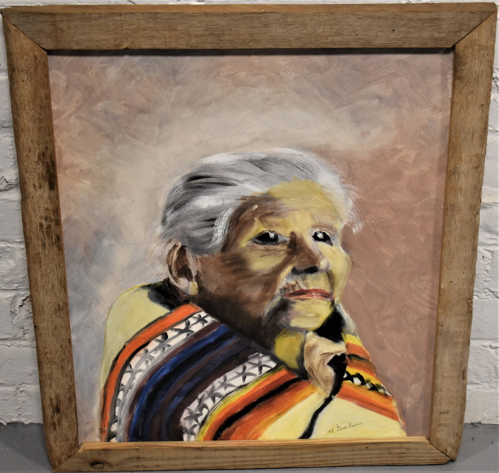 H.F. Goodwin Indian Squaw Oil Painting: 20TH CENTURY OIL PAINTING O CANVAS BOARD OF INDIAN SQUAW SINED H. GOODWIN LOWER RIGHT - TITLED AND SINGED ON BACK DEE. 1977 20"X16" IN WOODEN FRAME