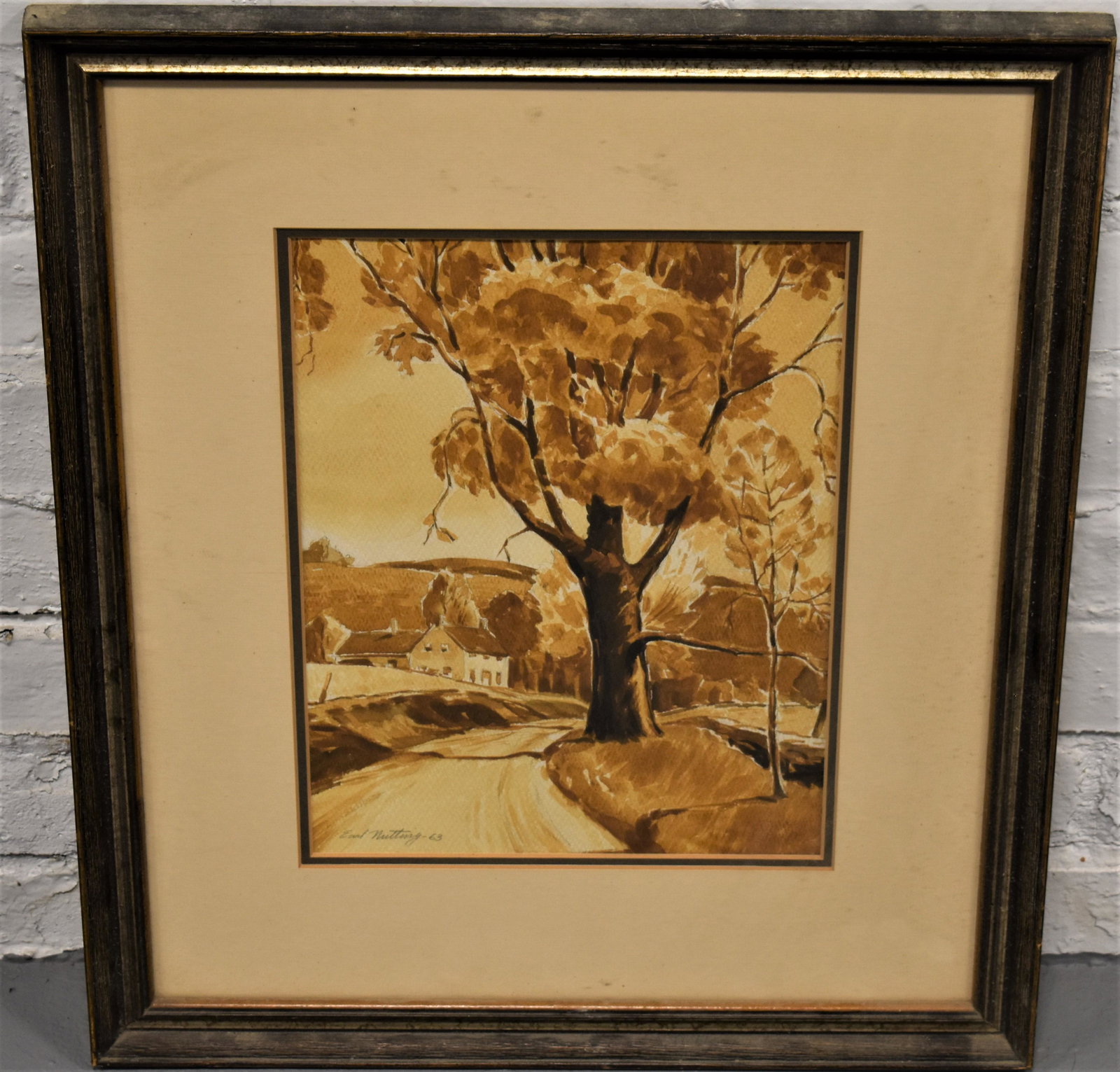 Earl Nutting Autumn Watercolor Painting: 20TH CENTURY WATERCOLOR (SEPIA) OF A COUNTRY ROAD IN AUTUMN- SIGNED AND DATED EARL NUTTING 63 IN PENCIL LOWER LEFT - FRAMED AND MATTED 12X 9" TONING