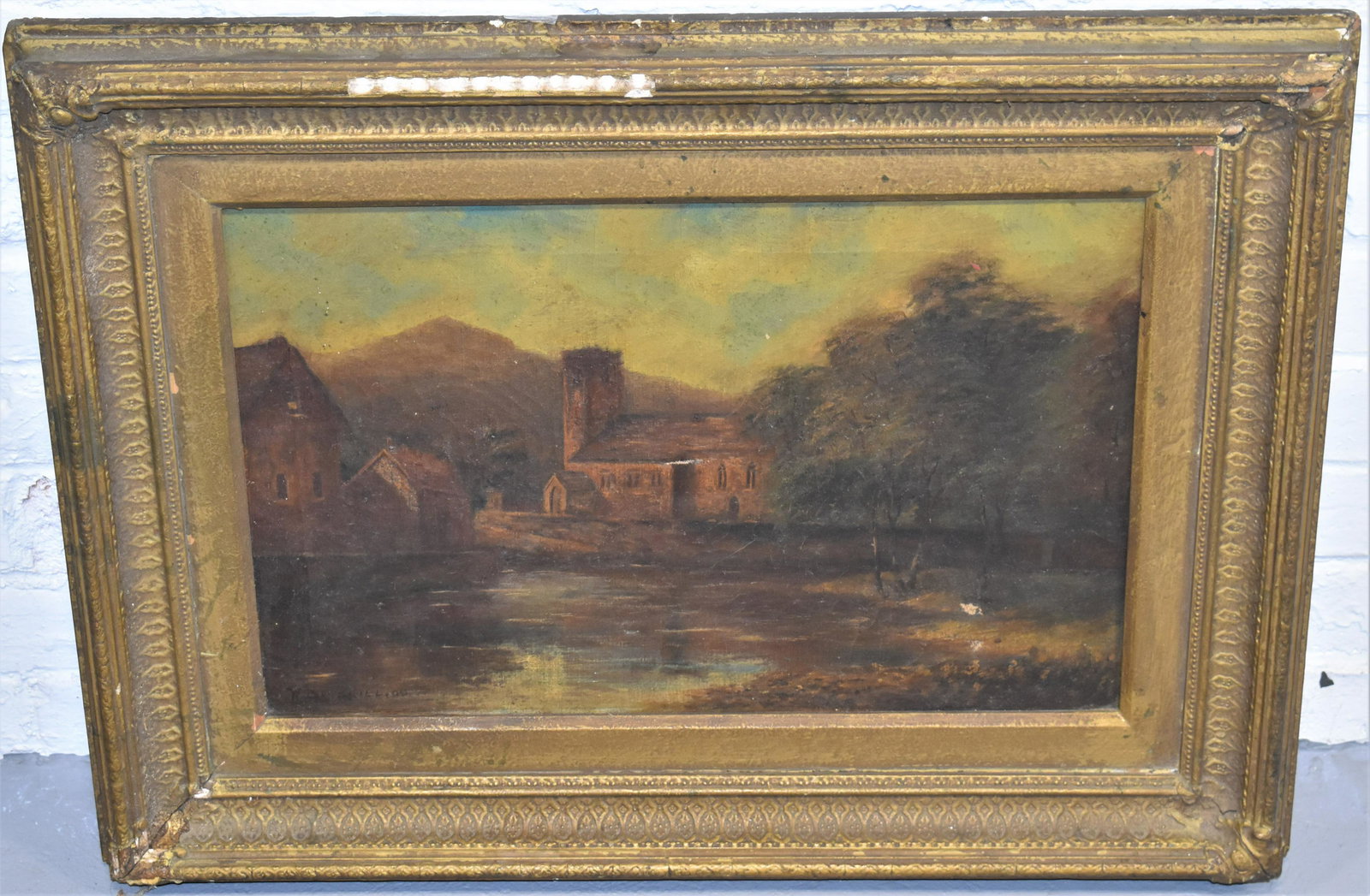 19th Century Church Oil Painting: 19TH CENTURY OIL ON CANVAS OF COUNTRYSIDE CHURCH - SIGNED WOWSKILL '09 LOWER RIGHT - 11 1/2 X 17 1/2 SIGHT - SMALL 1" TEAR CENTER, PUNCTURE HOLE LOWER RIGHT - PAINT LOSSES, SOILING, IMPERFECTIONS, LOS