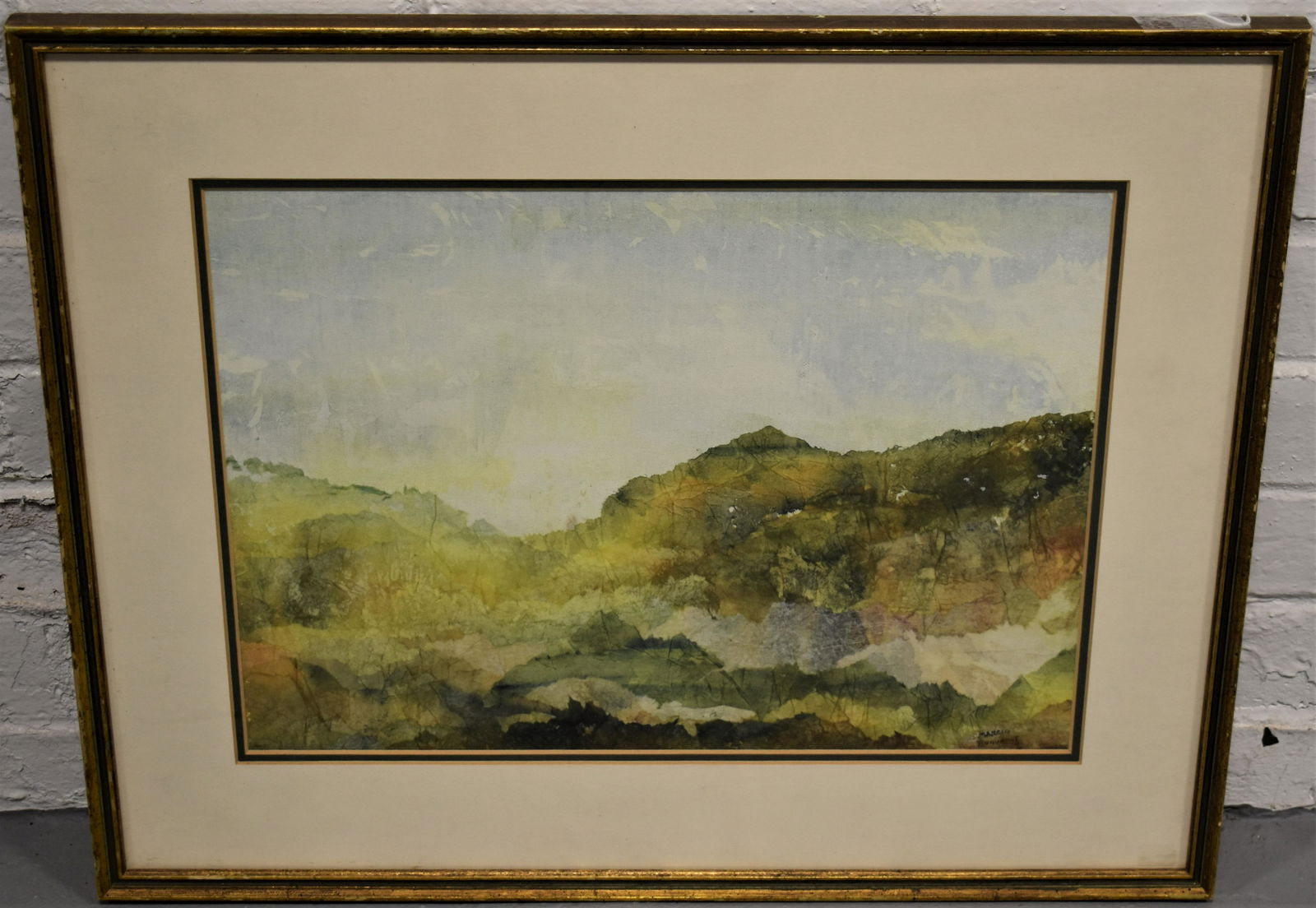 Marcia Beaumont Watercolor Collage: 20TH CENTURY WATERCOLOR COLLAGE ON TISSUE PAPER TITLED NATURES MORNING ON BACK LABEL - SIGNED MARCIA BEAUMONT LOWER RIGHT - FRAMED AND MATTED 11 1/2 X 15 1/2 SIGHT, IMPERFECTIONS