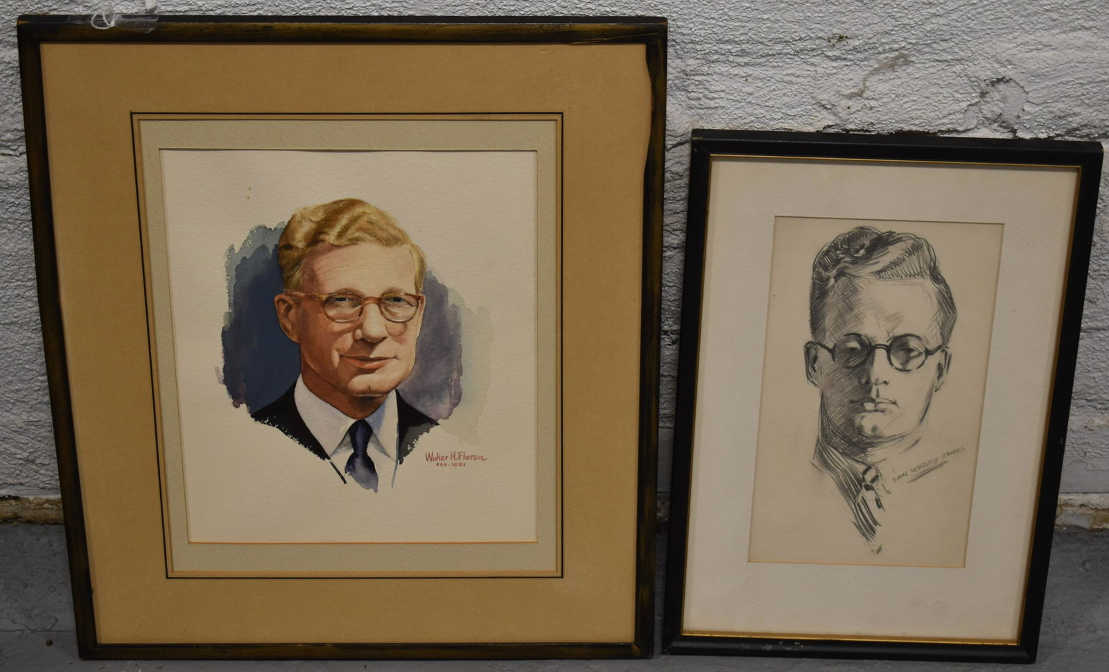 (2) Portraits of Men: (2) 20TH CENTURY PORTRAITS OF MEN - 9 1/2 X 5 1/2 PENCIL DRAWING - SIGNED JOHN WESLEY DENNIS - FRAMED AND MATTED AND 11 X 8 1/2 WATERCOLOR SIGNED WALTER H. FLOREN FEB 1951 - FRAMED AND MATTED (NO GLAS