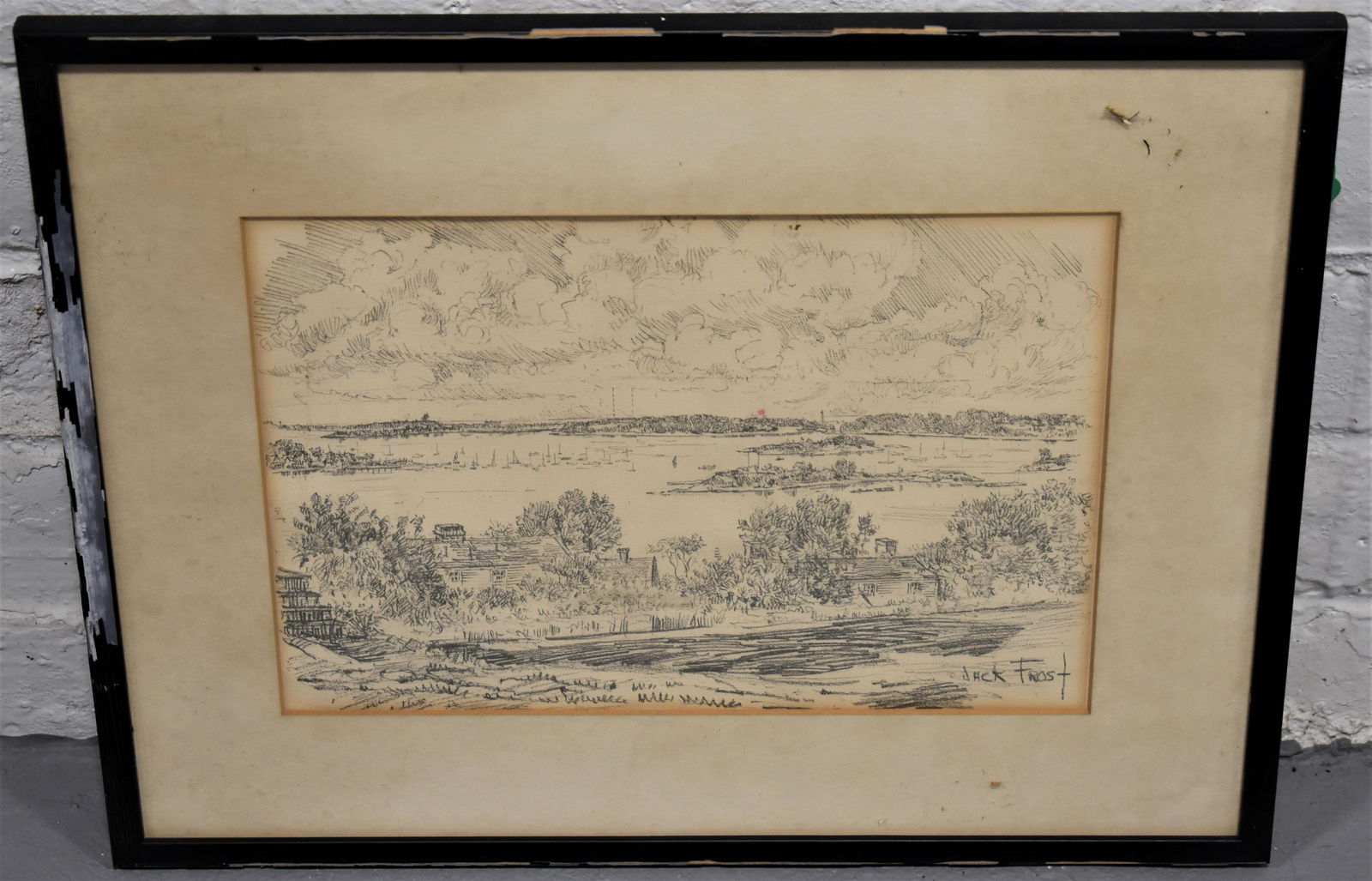 Jack Frost Pencil Drawing: 20TH CENTURY CHARCOAL DRAWING - TITLED ON BACK HINGHAM HARBOR - VIEW FROM OLD COLONY HILL BY JACK FROST - ALSO SIGNED LOWER RIGHT JACK FROST - FRAMED AND MATTED 6 3/4 X 10 - TONING, FOXING, IMPERFECTI