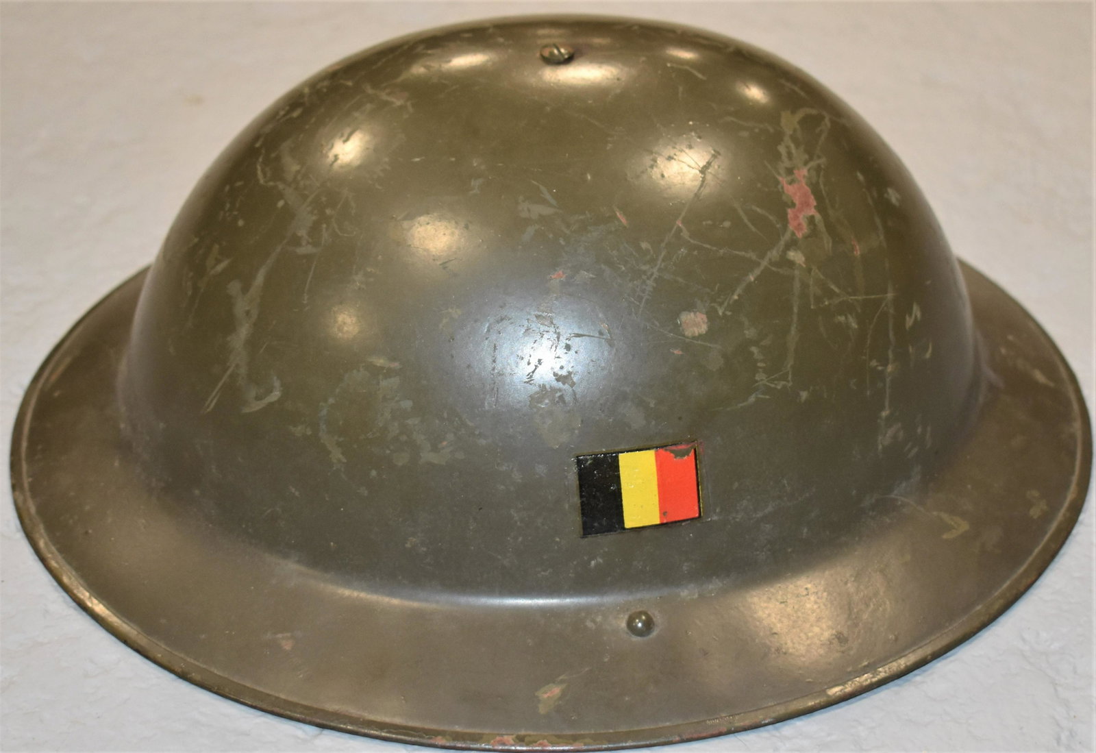 WW2 Belgian Military Helmet: WW2 BELGIAN MKII CLONE MILITARY HELMET W/ LINER - WEAR, SCRATCHES, OXIDATION, IMPERFECTIONS