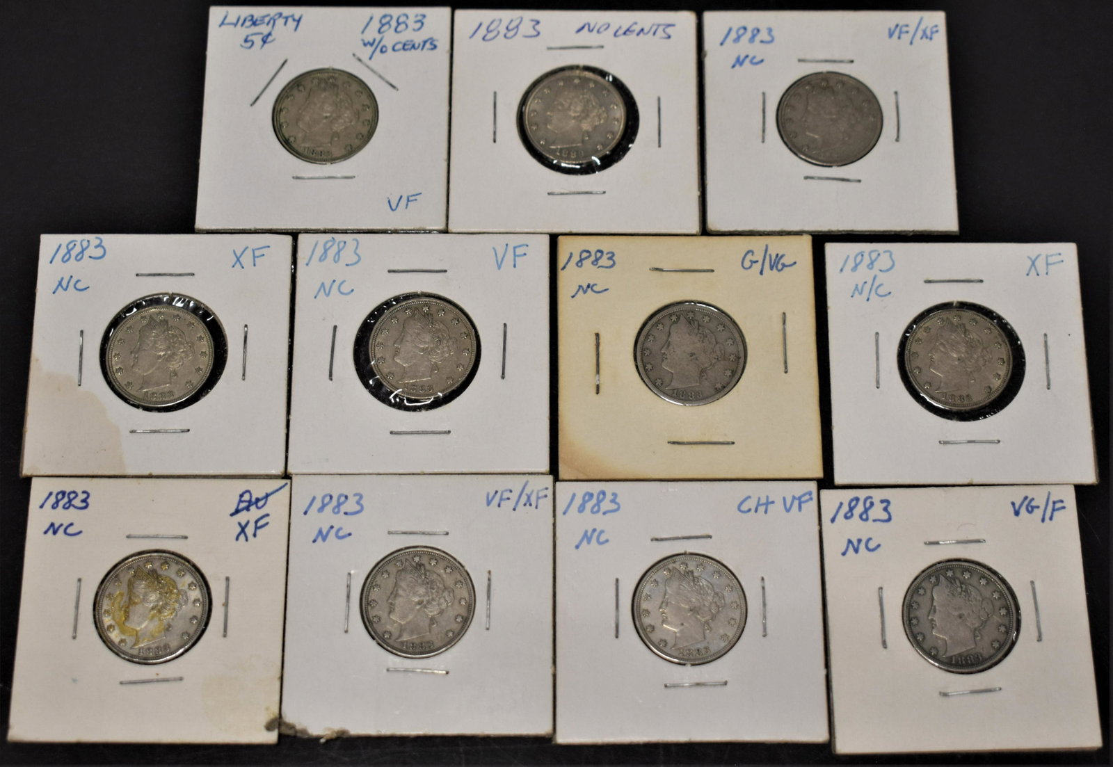 11 Barber V Nickels: 11- BARBER V NICKELS ALL DATED 1883- .55 FACE- IMPERFECTIONS