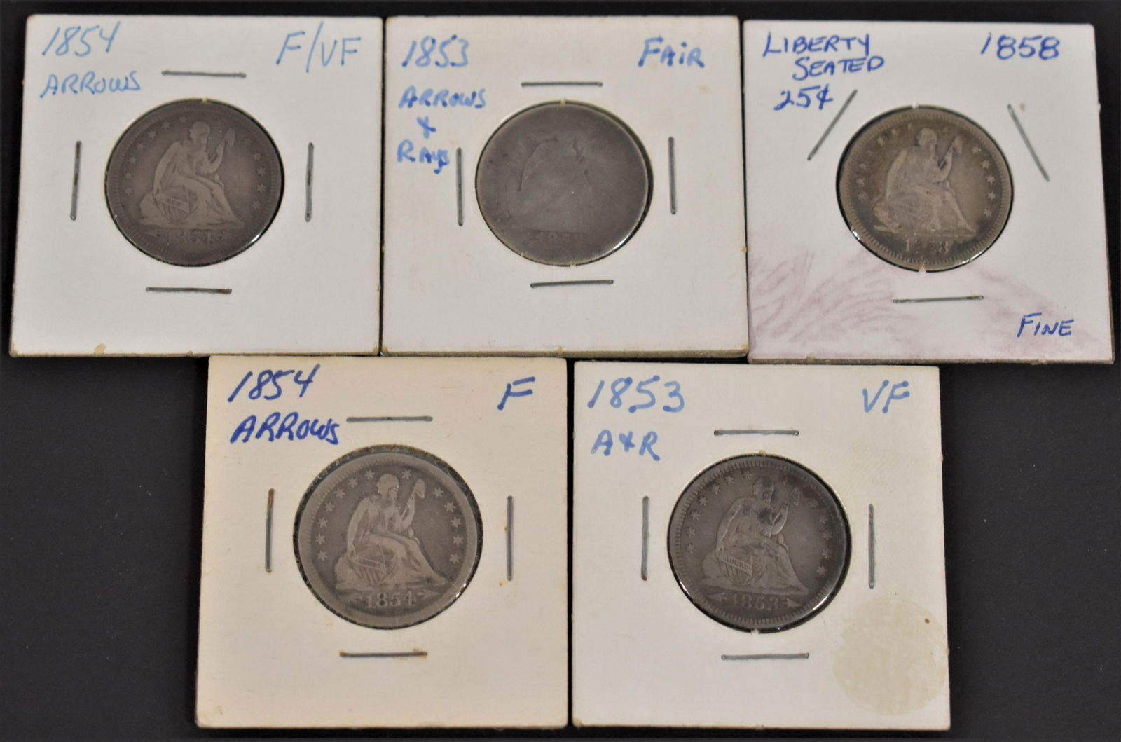 5 U.S. Silver Seated Quarters (1 of 2)