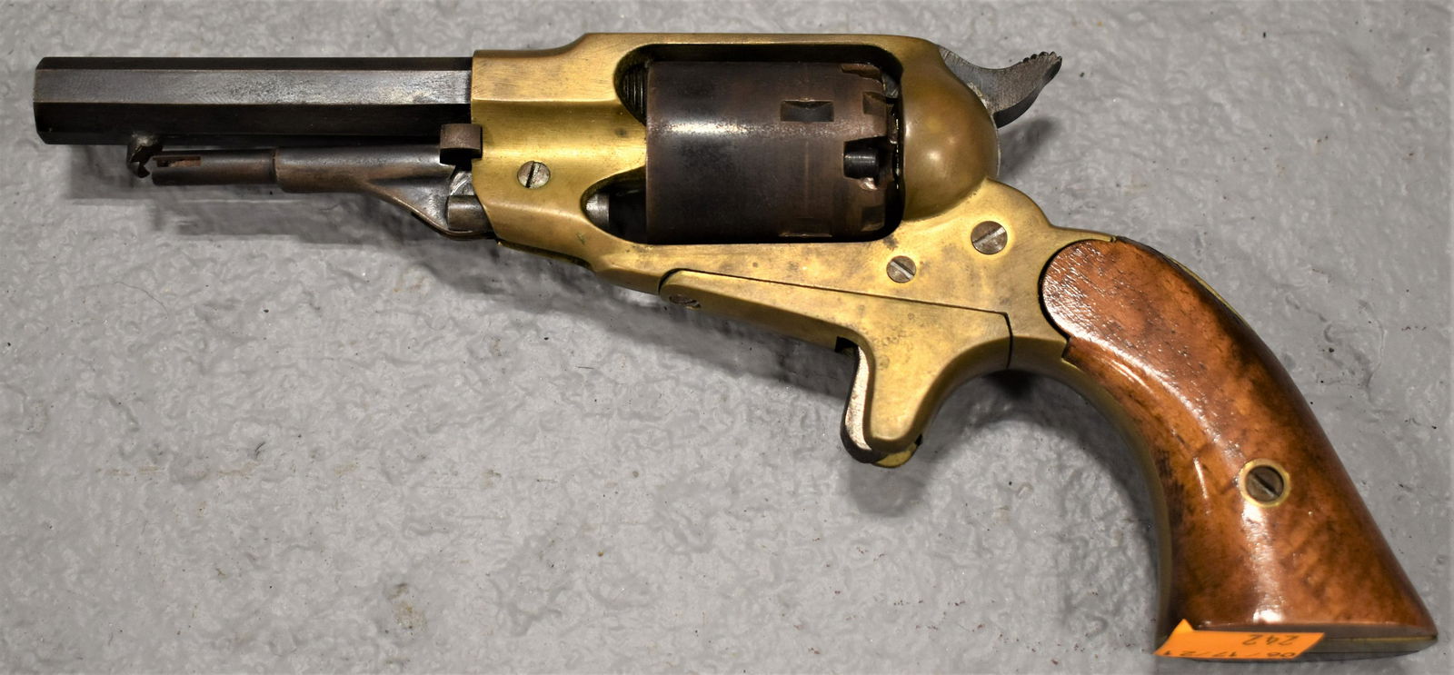 32 Caliber Black Powder Revolver: CONNECTICUT VALLEY ARMS 32 CALIBER BRASS FRAMED BLACK POWDER REVOLVER - BARREL MARKED ON TOP CONNECTICUT VALLEY INC SIDE MARKED ASM BLACK POWDER ONLY MADE IN ITALY - EJECTOR ROD CLIP DAMAGED - 2 1/2 B