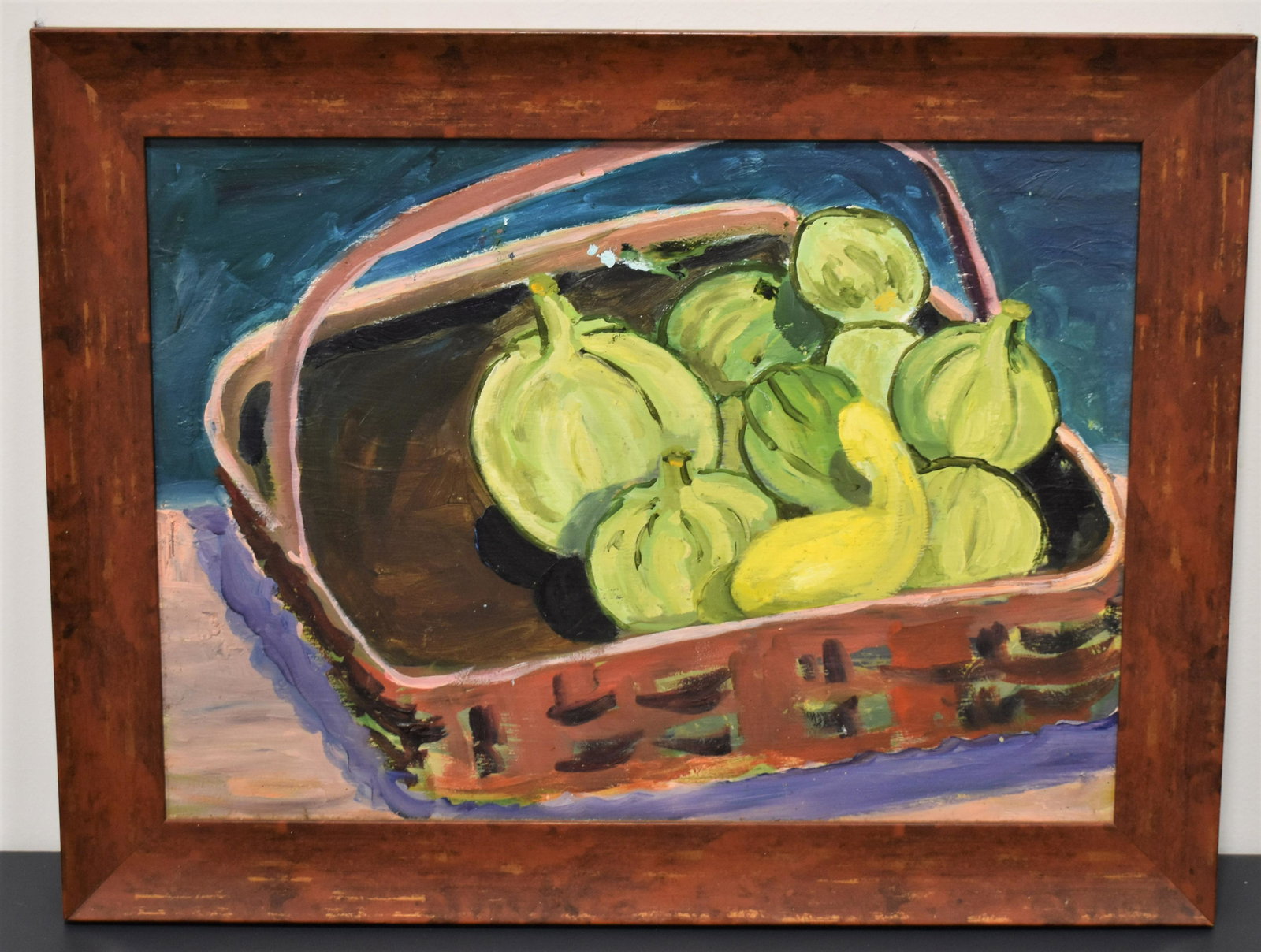 Daniel Thibeault Oil Painting: STILL LIFE PAINTING OF VEGGIES IN A BASKET- OIL ON CANVAS BOARD IN A PAINTED MOLDED WOOD FRAME- UNSIGNED - ATTRIBUTED TO DANIEL THIBEAULT 11"X15 1/2" SIGHT- IMPERFECTIONS