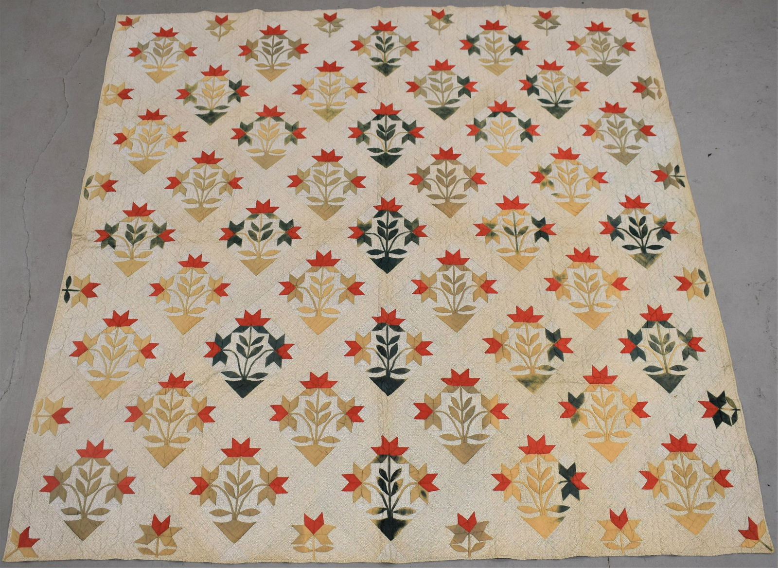 Hand Sewn Basket Quilt W/ Stylized Flowers (1 of 2)