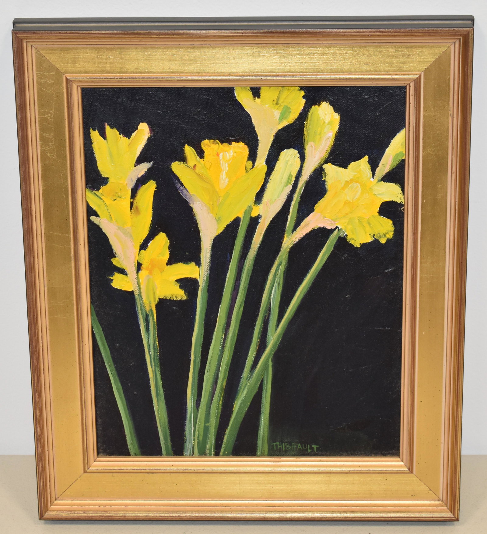 DANIEL THIBEAULT OIL PAINTING: OIL PAINTING OF YELLOW DAY LILLIES ON ARTIST PANEL SIGNED THIBEAULT BOTTOM CENTER RIGHT - IN A GILT MOLDED WOODEN FRAME - 9 1/2" X 7 1/2" - IMPERFECTIONS