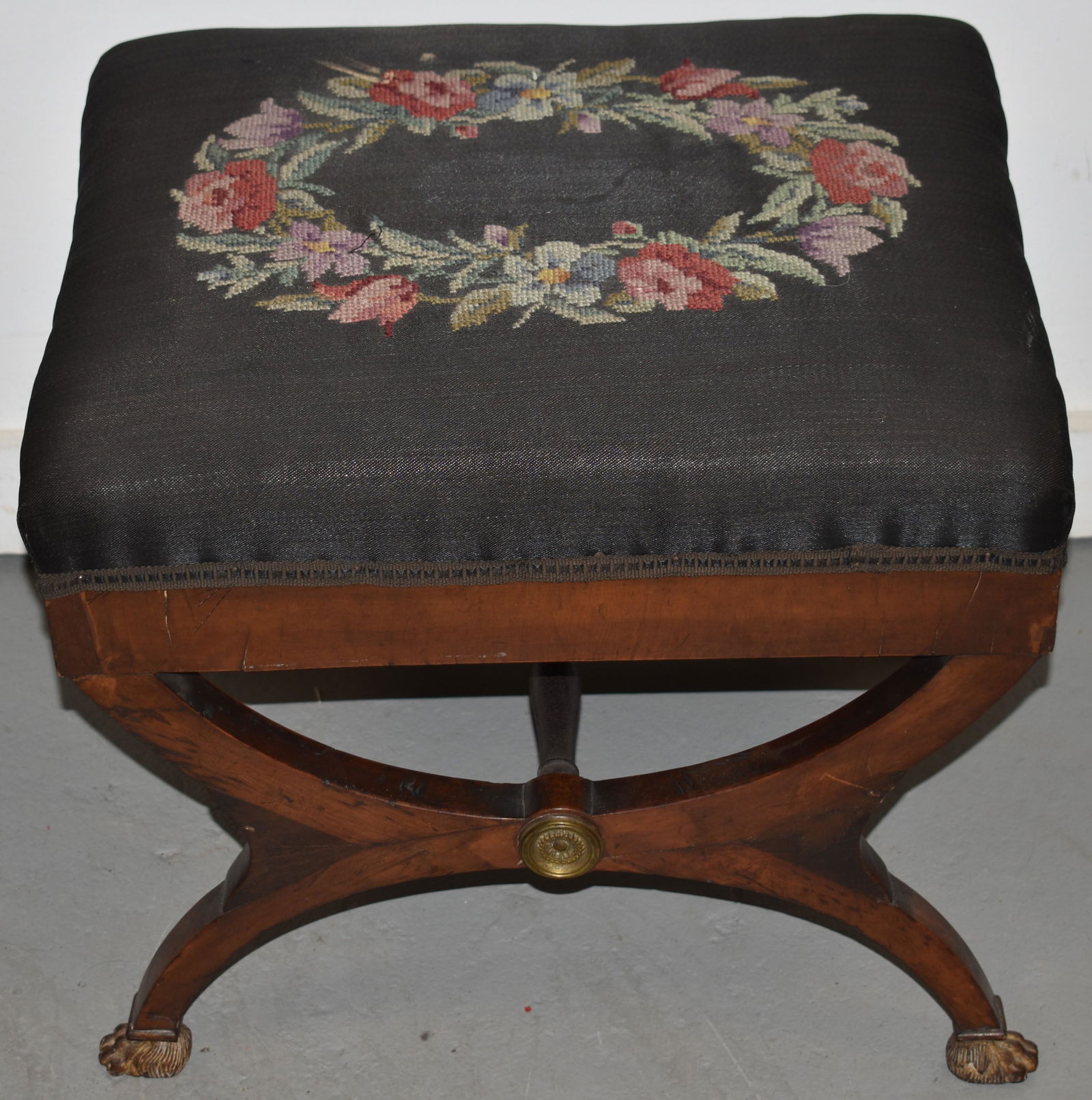 REGENCY FOOTSTOOL W/ NEEDLEPOINT SEAT (1 of 2)