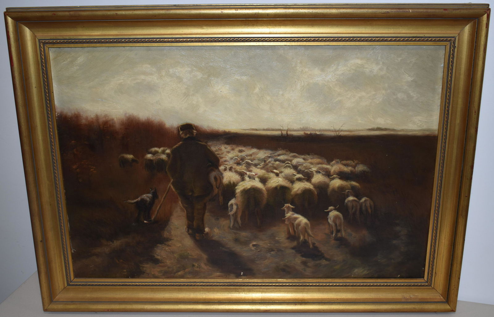 OIL PAINTING OF SHEEP HERDER W/ FLOCK (1 of 2)