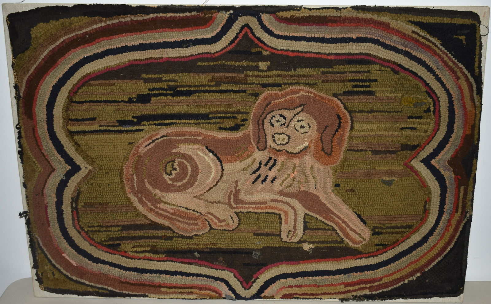 19TH CENT HOOKED RUG W/ RECUMBENT DOG (1 of 1)