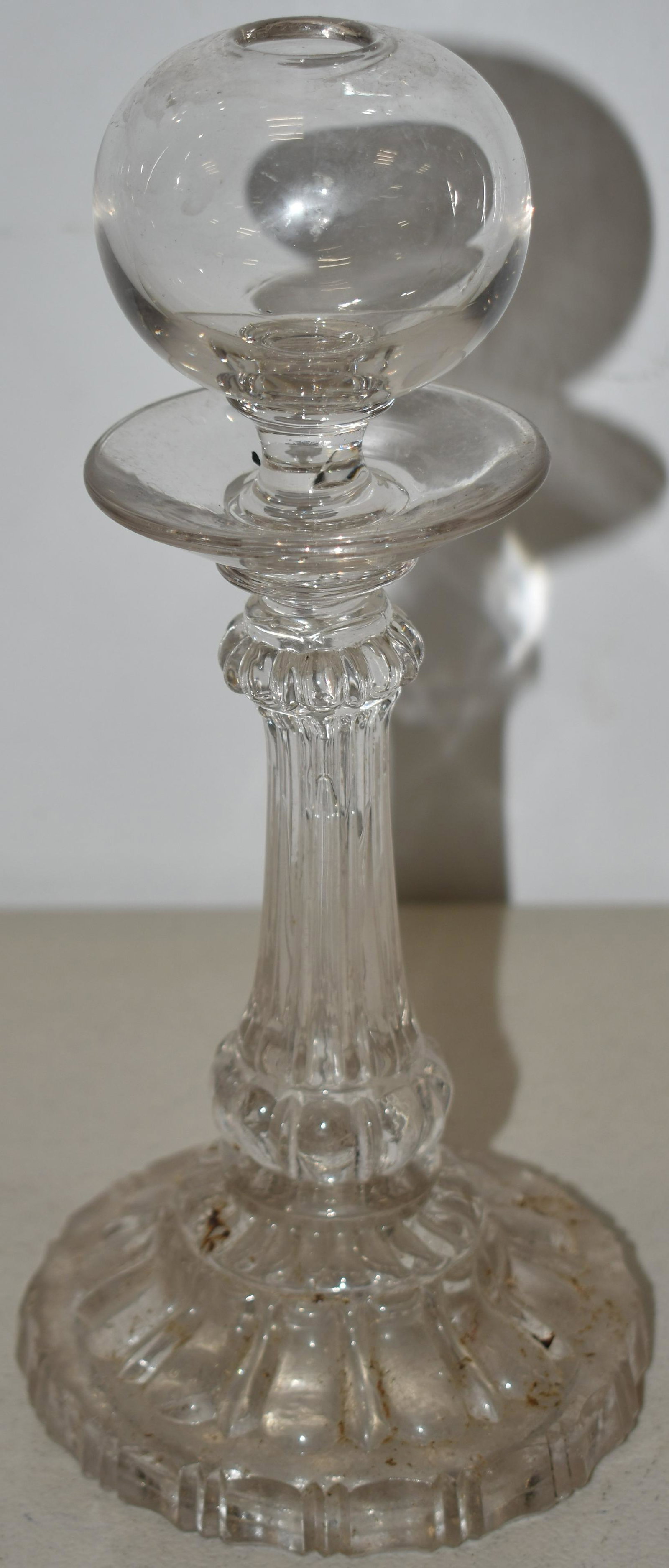 9 1/4" CLEAR SANDWICH GLASS OIL LAMP: UNUSUAL CLEAR SANDWICH FLINT GLASS WHALE OIL LAMP W/ CLEAR BULBOUS FONT - WEAR & IMPERFECTIONS