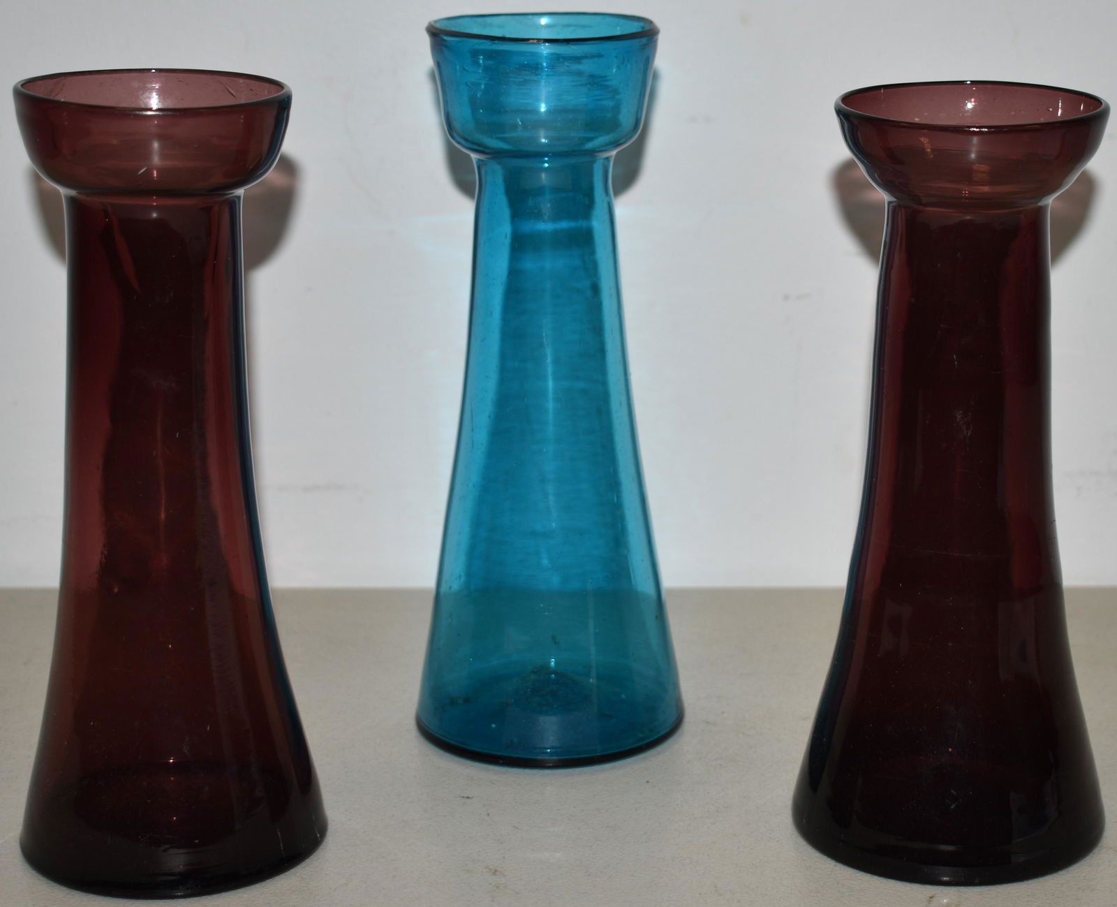 (3) COLORED SANDWHICH GLASS HYACINTH VASES (1 of 2)
