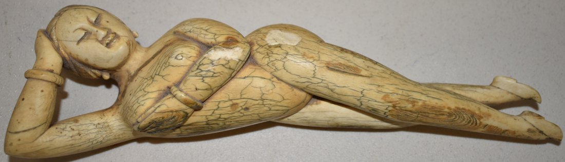 10 1/2" CHINESE CARVED DOCTORS DOLL: 10 1/2" CHINESE CARVED OF NUDE RECLINING FEMALE ON HER SIDE - DOCTORS DOLL - PROB LATE MING DYNASTY - CRACKS, LOSSES ON HIP & ELBOW & IMPERFECTIONS